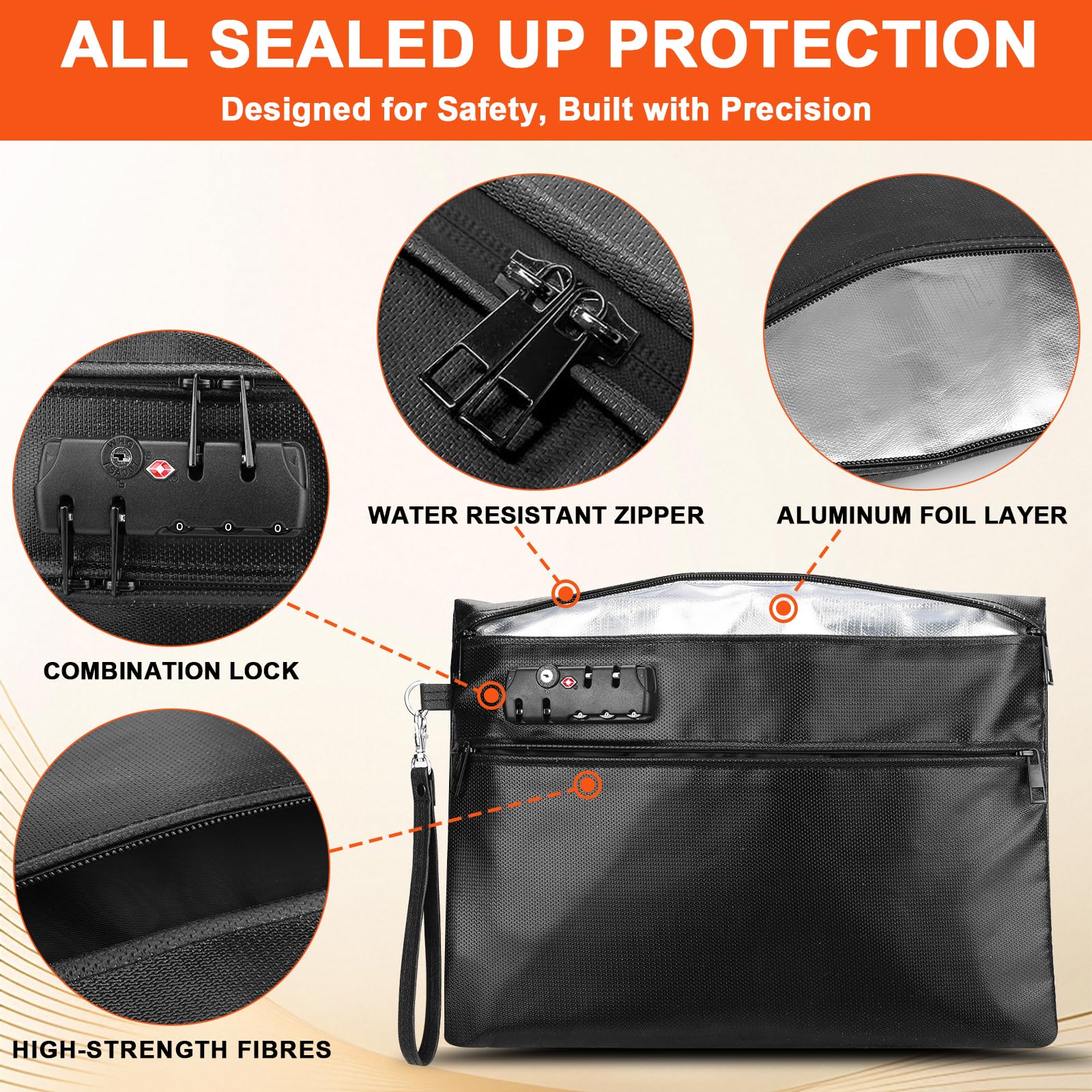 Bolsa de Documentos Resistente al Fuego de 6400°F con Cerradura de Combinación - Bolsa para Dinero Resistente al Calor para Efectivo, Pasaportes, Escrituras, Teléfonos, Bolsa Impermeable Resistente al