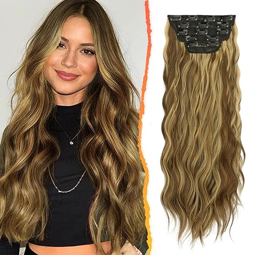 BARSDAR Extensiones de cabello con clip, 5 piezas de extensiones de cabello largo ondulado con clip, extensiones de cabello sintético suave natural