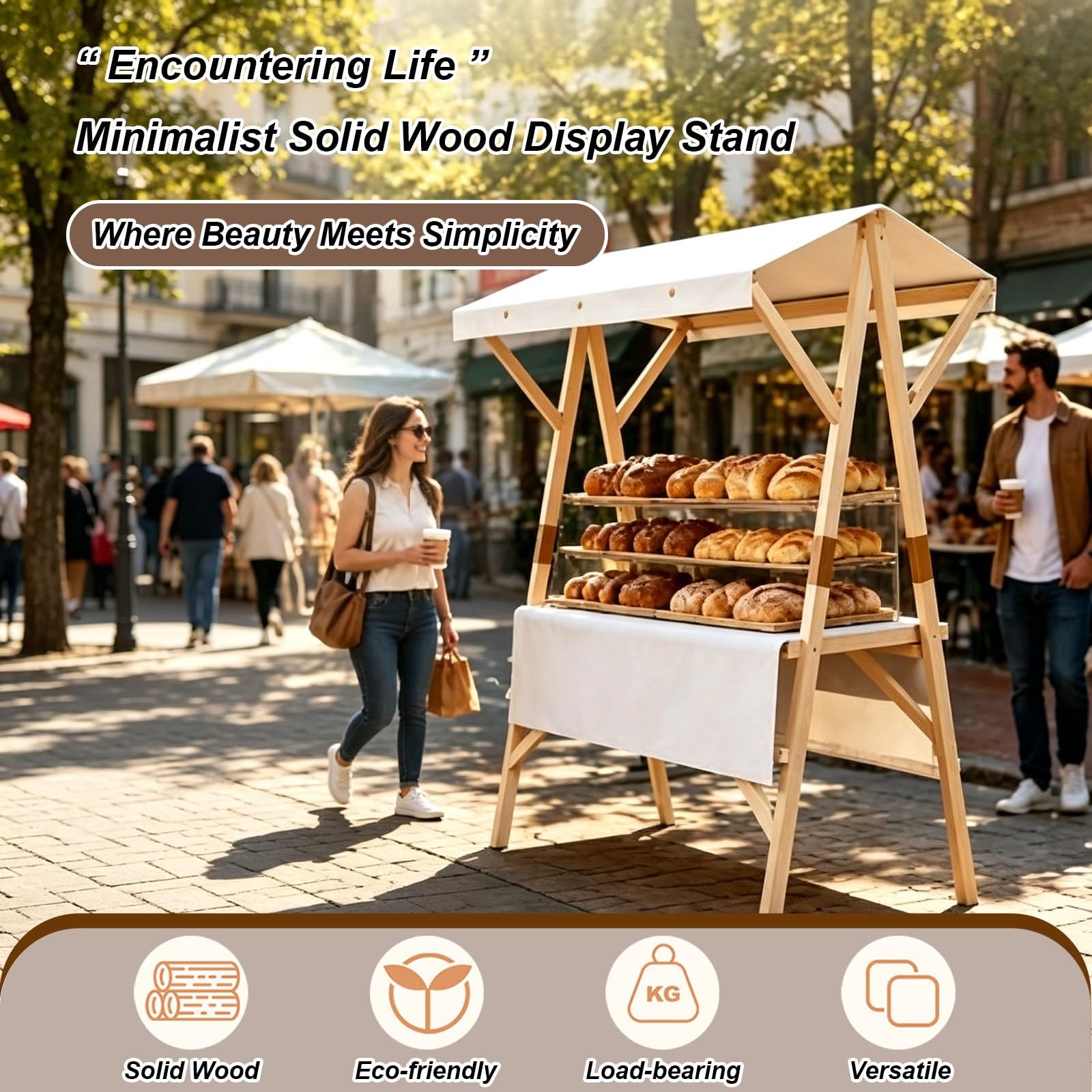 Carro De Ventas para Exteriores con Toldo, Carrito De Comida Portátil, Puesto De Exhibición Plegable, Estantería De Madera, para Mercados, Ferias Y Eventos(Red,150cm/59in)