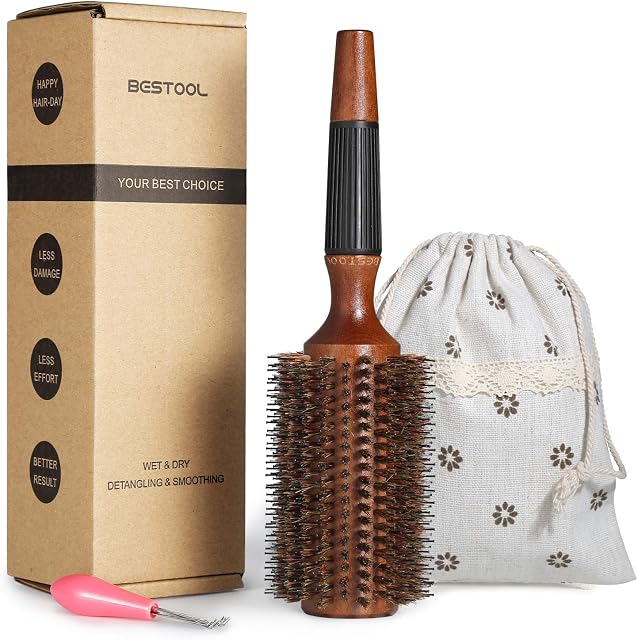 BESTOOL Round Brush for Blow Drying, Boar Bristle Round Hair Brush with Wooden Barrel, Large Round Styling Brush for Women & Men, Straightening, Curling, Adding Shine or Volume (2.8 Inch)