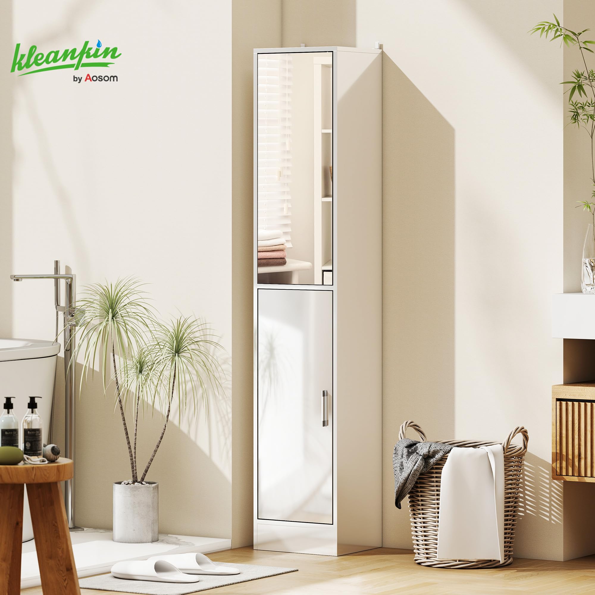 Armoire De Salle De Bain Avec Miroir - 5 étagères Réglables, Blanc Brillant - 32x28x162 Cm - Rangement Pratique