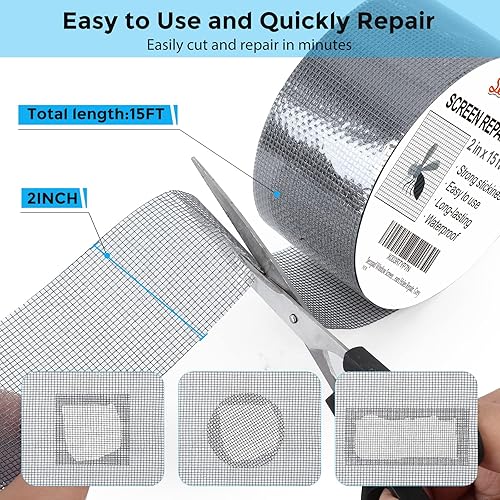 Grey Window Screen Repair Tape, 2IN X 30FT (360IN) Screen Repair Kit for Windows or Doors, Strong Adhesive Patch Kit Fiberglass Mesh Tape(Gray,2IN x 15FT)