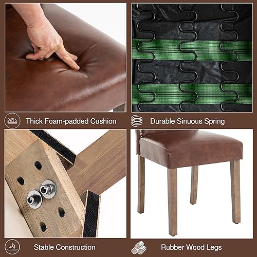 Miniatura 7 de Silla de comedor tapizada elegante Parsons para cocina con ribete plateado de cabeza de clavo y patas de madera, paquete de 4, color marrón claro de