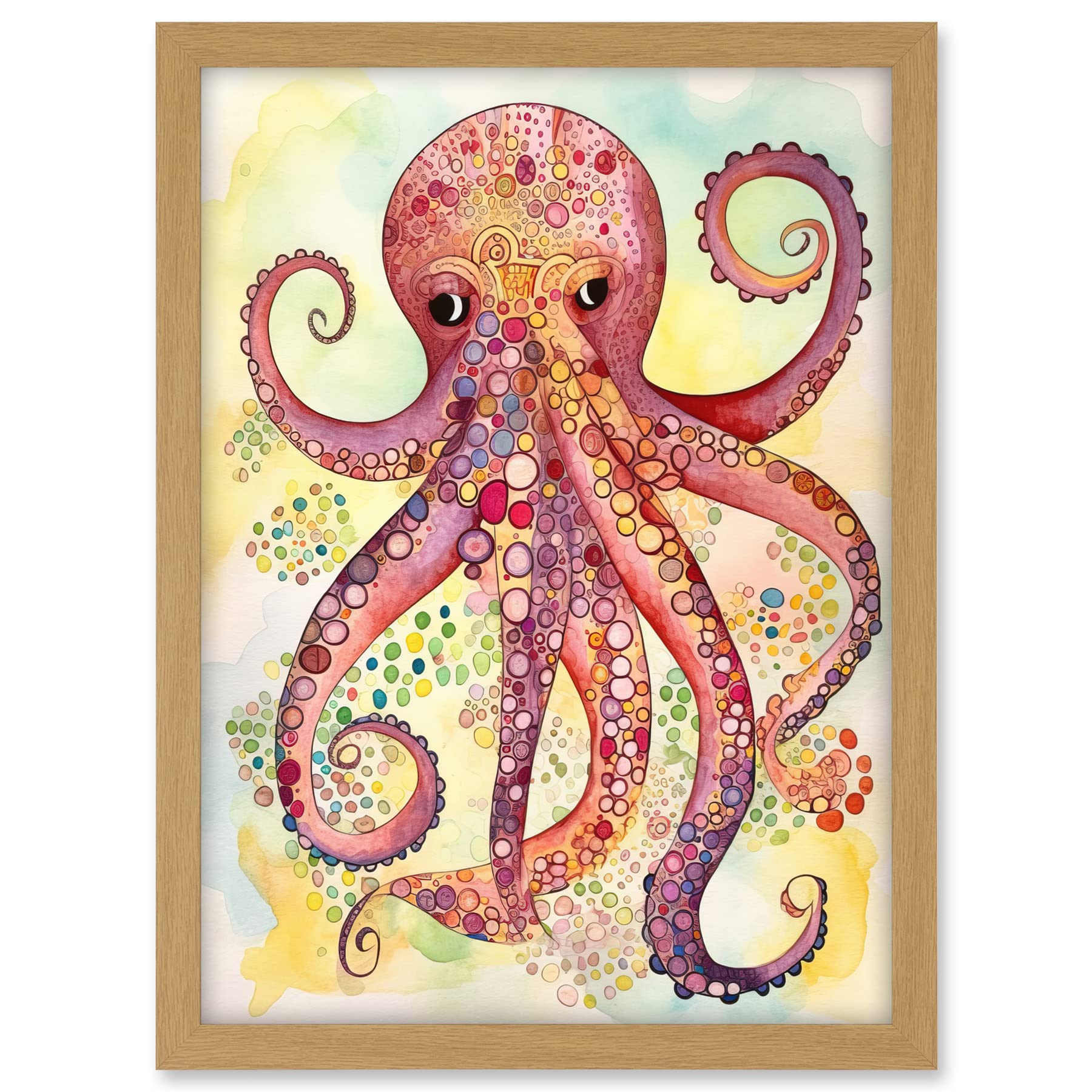 Artery8 Octopus Portrait Bright Folk Art Watercolour Painting Artwork Framed A3 Wall Art Print