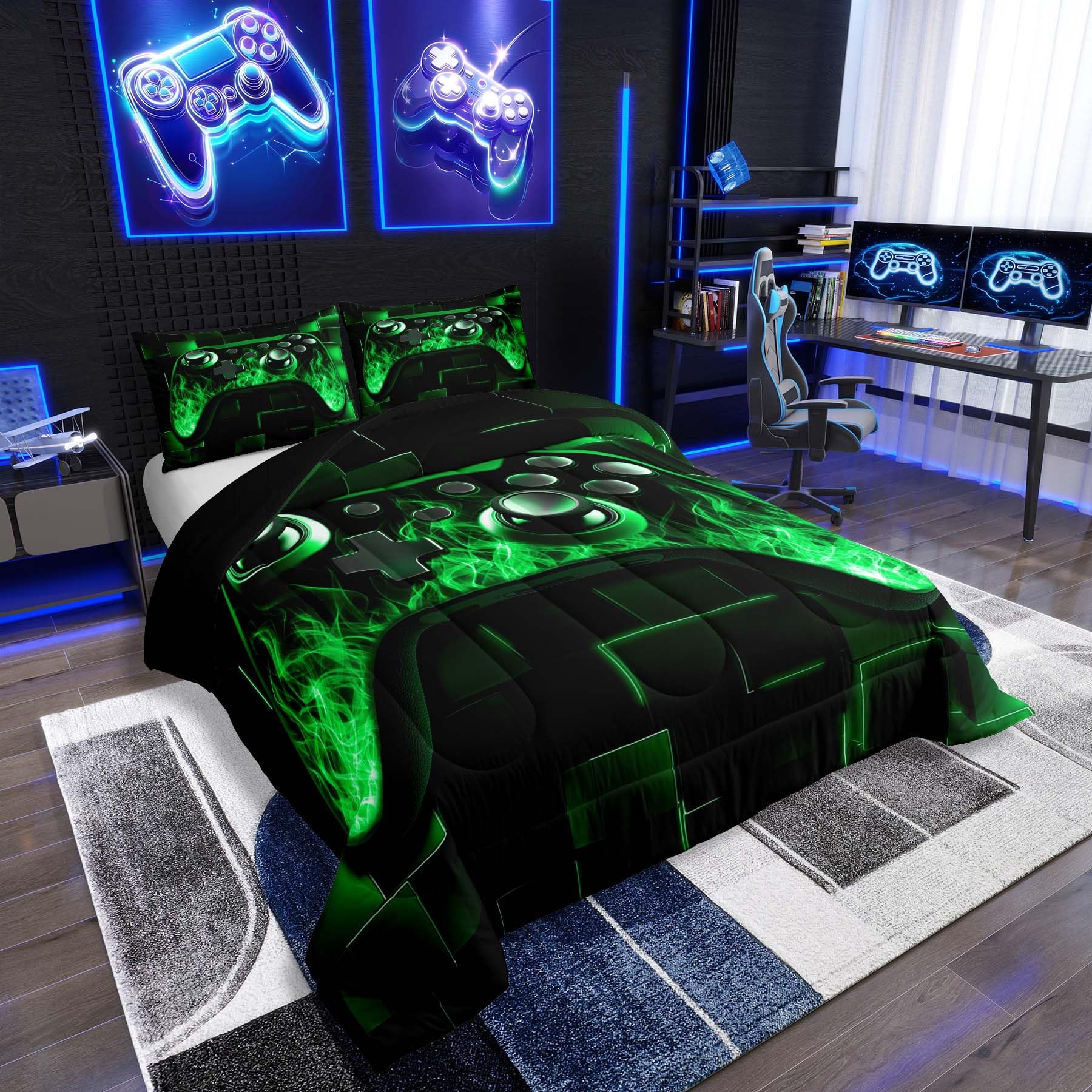 Homewish Neonowe kostki, zielone zestawy kołder do gier dla chłopców, geometryczne zestawy pościeli, konsole do gier, zestaw kołder, dekoracja dla chłopców, dekoracja sypialni
