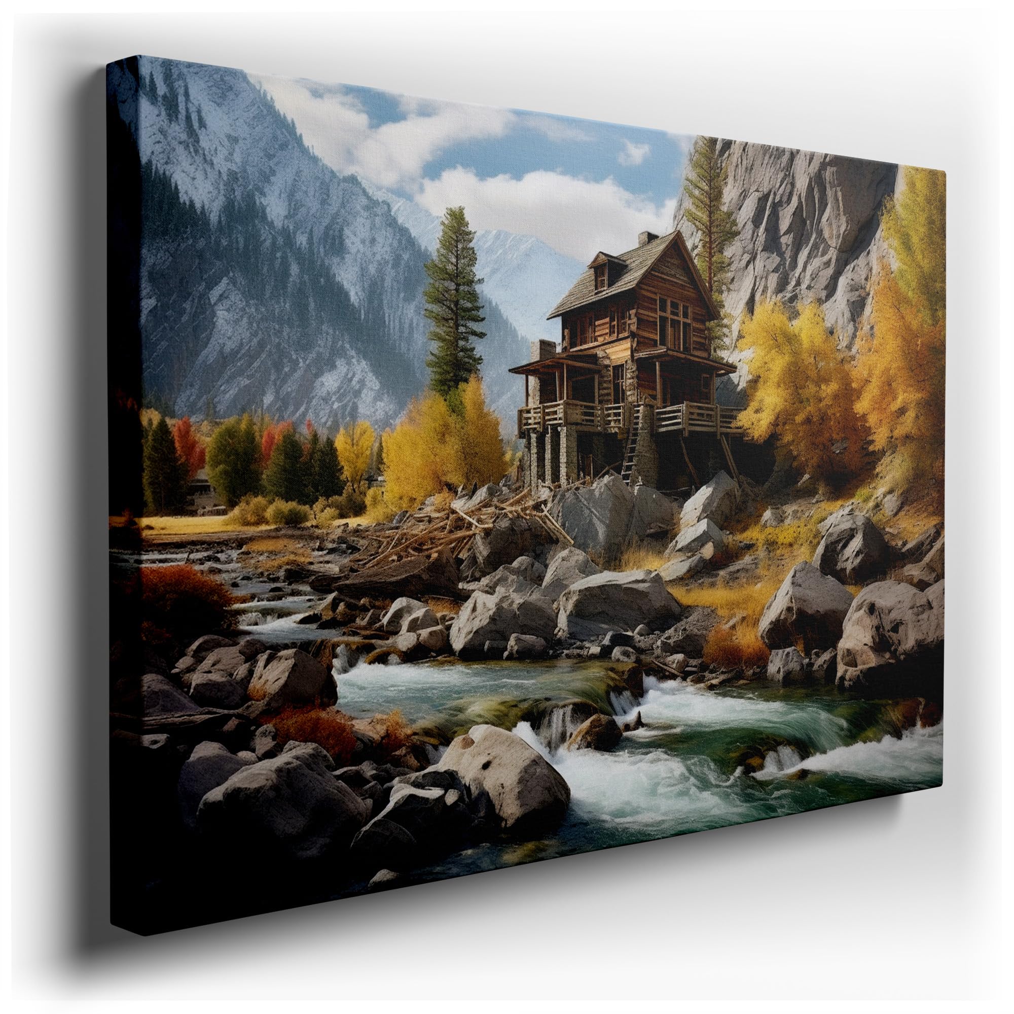 Art Wall: Rustic Cabin Amidst Autumn's Fiery Palette, a Serene Wilderness Retreat. Interior Decor, Canvas Art Design, Arts Wall Decoration, Office Arts Design, Size: 69x46 cm (27x18 inch)