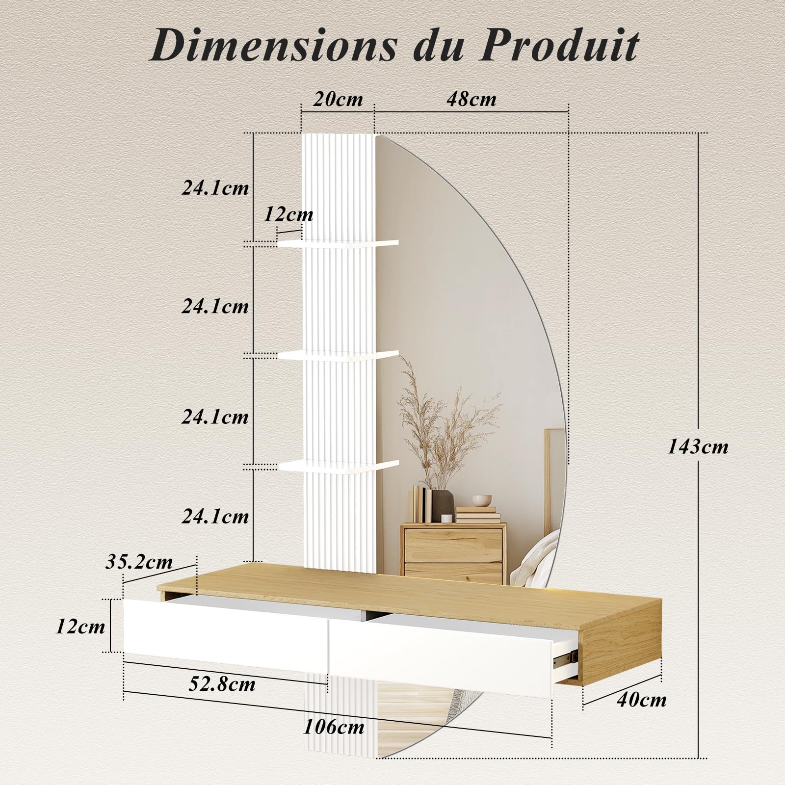 JUMMICO Coiffeuse Murale Flottante avec Miroir HD à éclairage LED, variateur Tactile et 3 températures de Couleur, équipée de tiroirs de Rangement (Blanc)