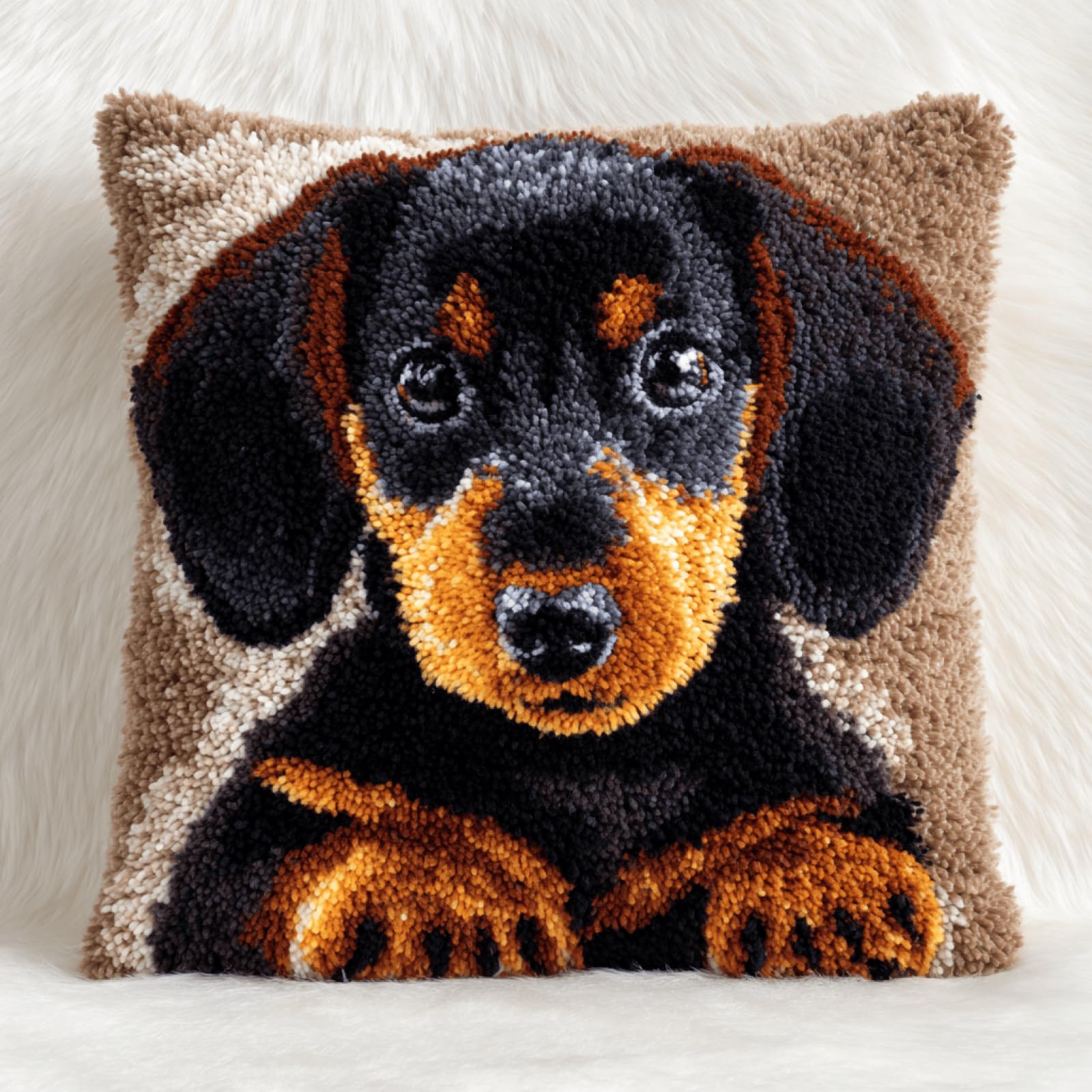 XDEGHUANGSS Latch Hook Kit DIY Animal Dachshund Pillow Cover Cushion - Beginner Handmade Yarn Kit Sofa Home Decor Material Pack Gift,43x43 cm
