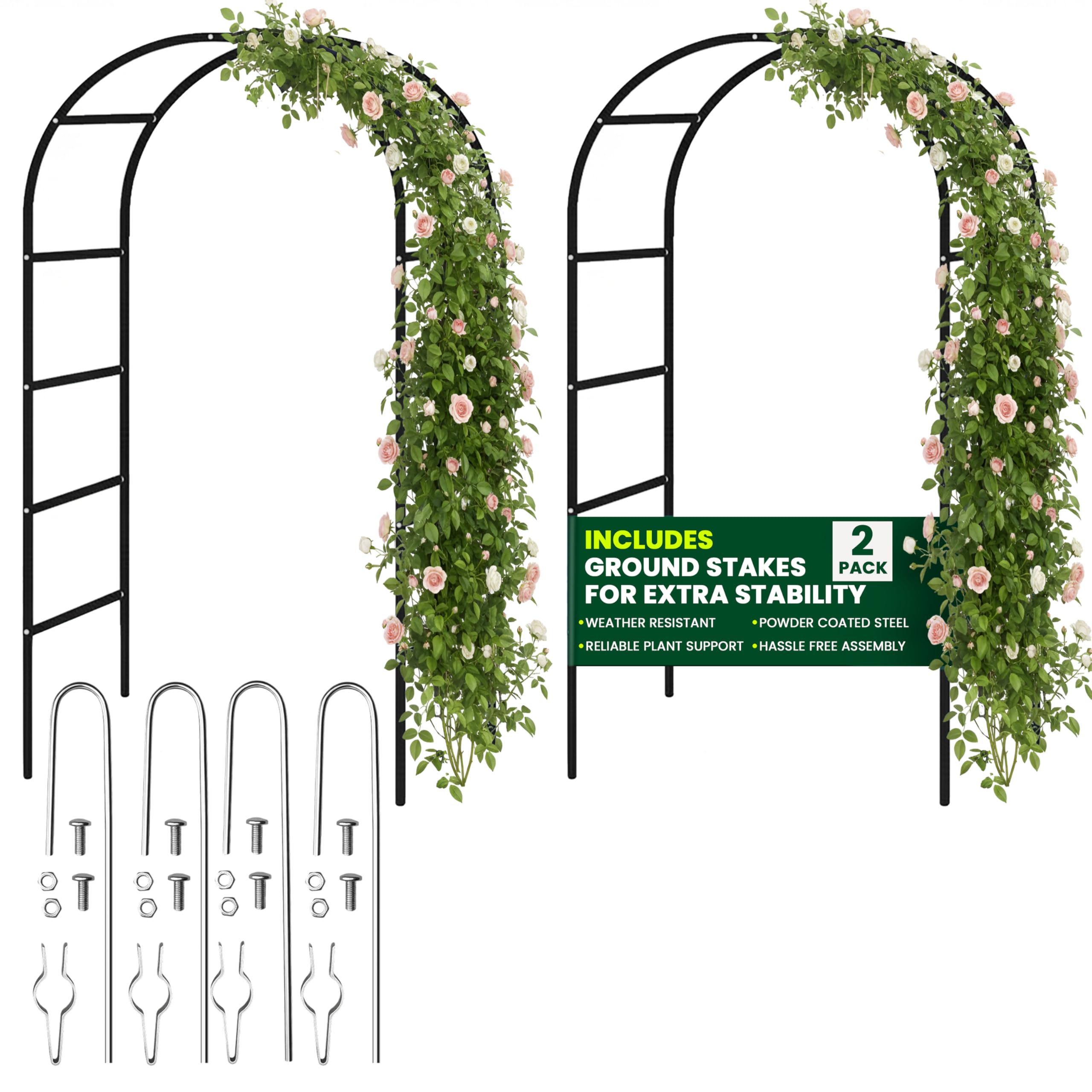 Metal Garden Arch 2.4M with Ground Stakes - 2 Pack Garden Arbour Arch Florence Trellis Plant Support for Roses Flowers - Climbing Plants Archway Indoor Outdoor Wedding Decoration