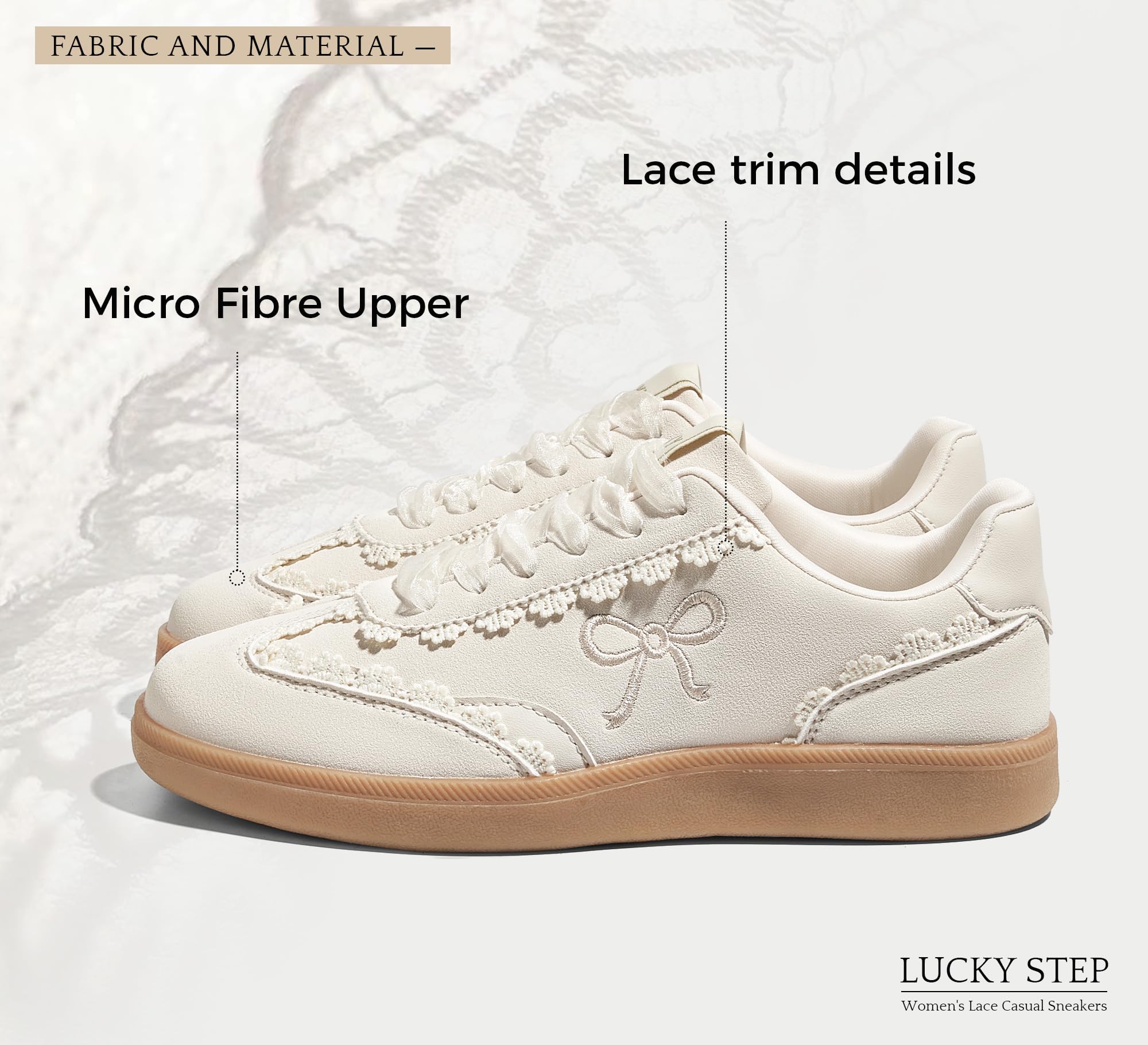 LUCKY STEP Damskie koronkowe detale trampki na co dzień wstążka organza sznurowane moda vintage gumowa podeszwa modne urocze buty