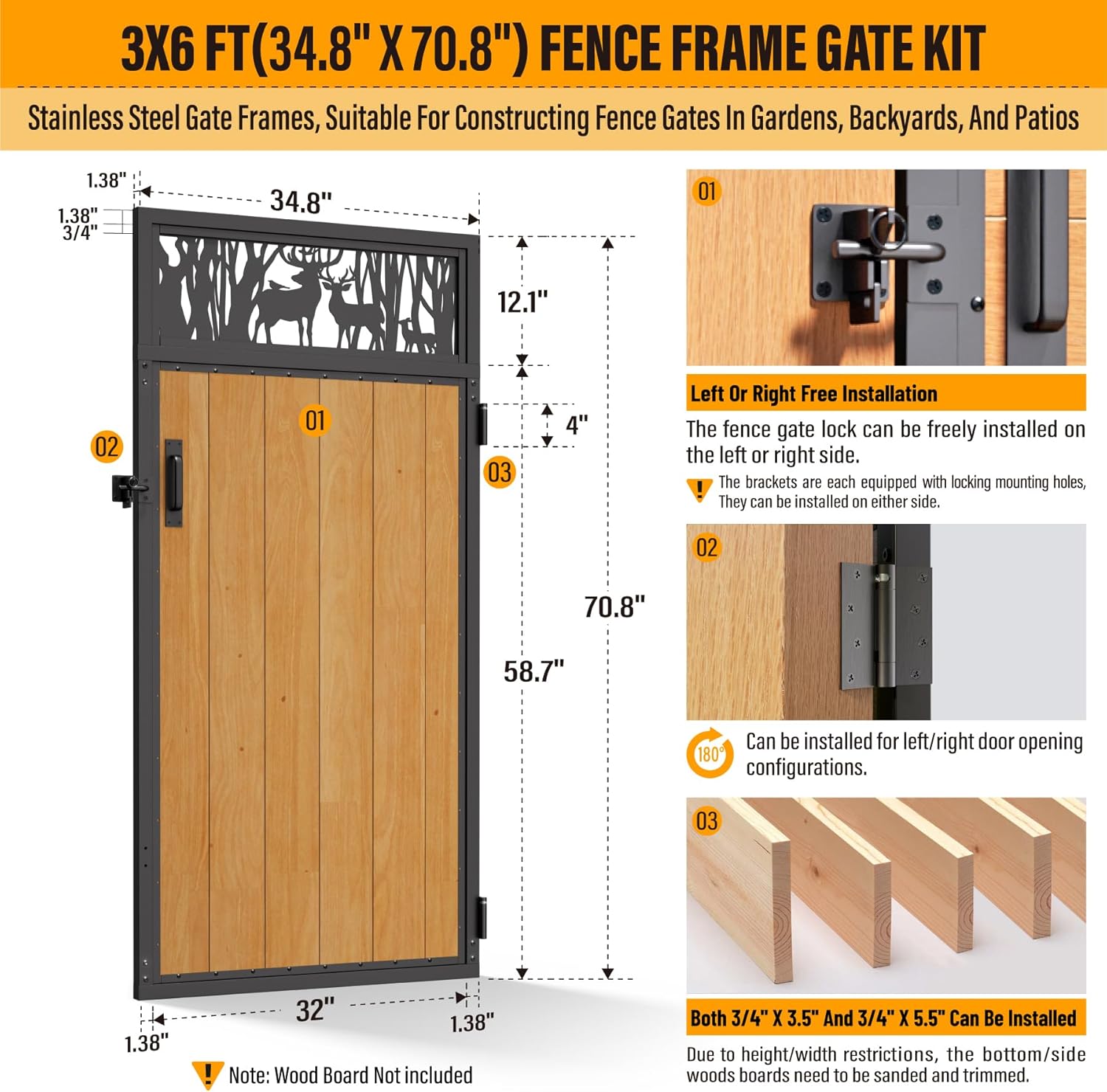 3x6FT(34.8"W x 70.8"H) 201 Stainless Steel Anti Sag Wooden Fence Gate Kit Heavy Duty, Garden Gate Frame Hardware Kit Reinforcement Wood Board Not Included(Left/Right Free-Installation)