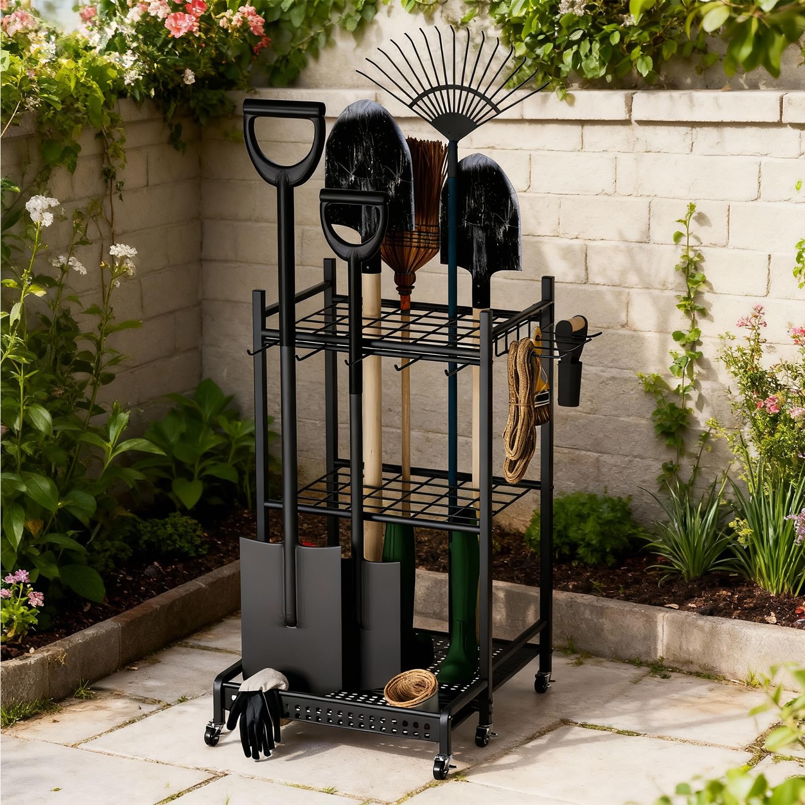 Organizer per attrezzi da giardino, Organizzazione Stoccaggio Riparo Esterno per Attrezzi, Rastrelli, Scope a Manico Lungo da Officina, per garage e garage, organizer da giardino , 50 x 43 x 79cm