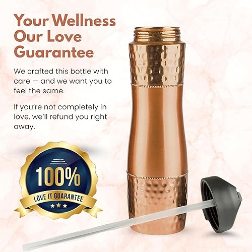 Miniatura 8 de Nava - Botella de agua de cobre puro con tapa y pajilla, 33.5 onzas, a prueba de fugas, botella de cobre ayurveda para beneficios de salud
