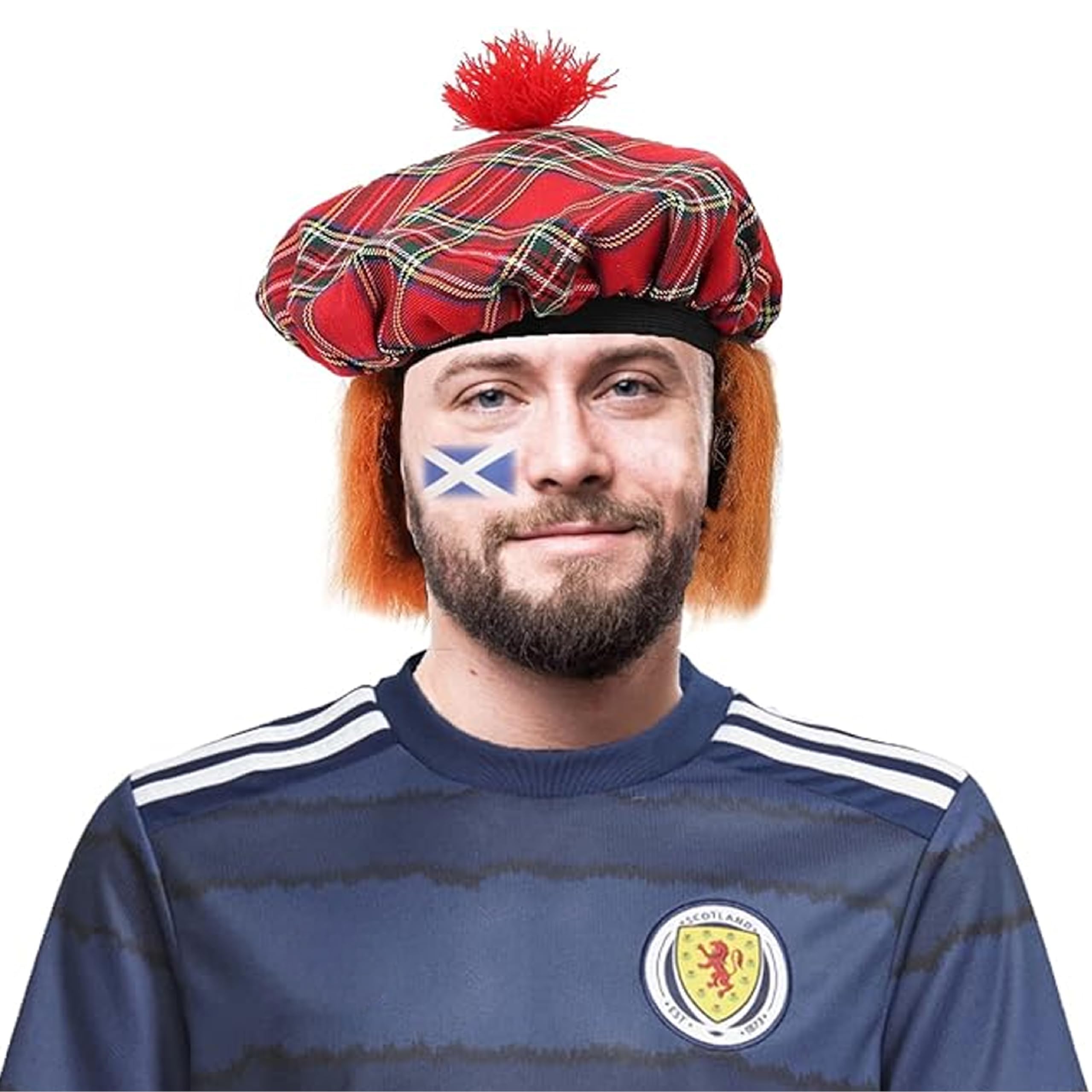 Scottish Tam O'Shanter Hat Rugby Football - Red Tartan Hat plus Scottish Flag Tattoos - World Cup Fancy Dress Accessory Scotland Scottish Sport Supporter Hat