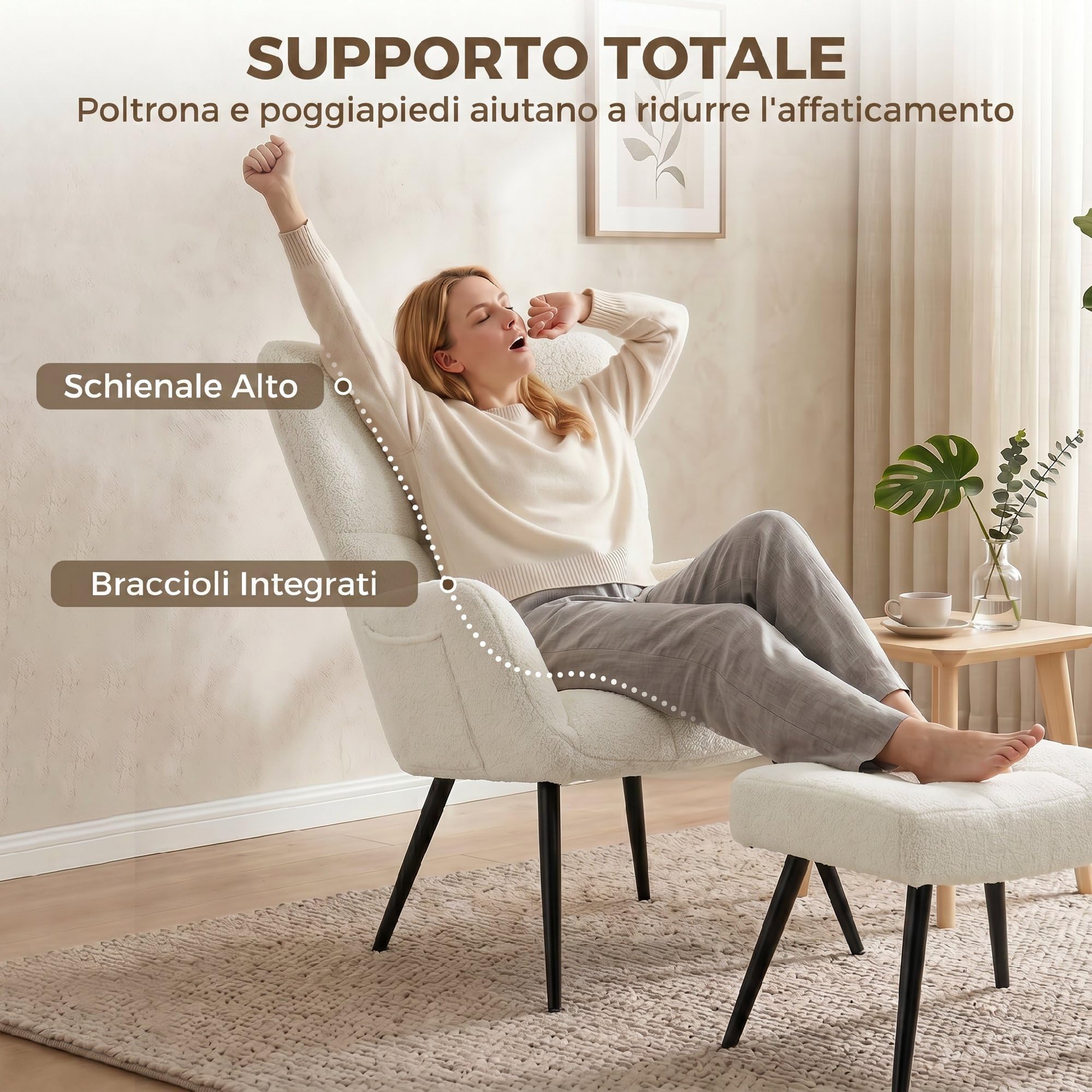 HOMCOM Poltrona con Poggiapiedi in Tessuto Teddy Morbido Traspirante Beige | Poltrocina Camera da Letto, Schienale Alto Trapuntato, Tasche Laterali, per Soggiorno Studio Camera da Letto