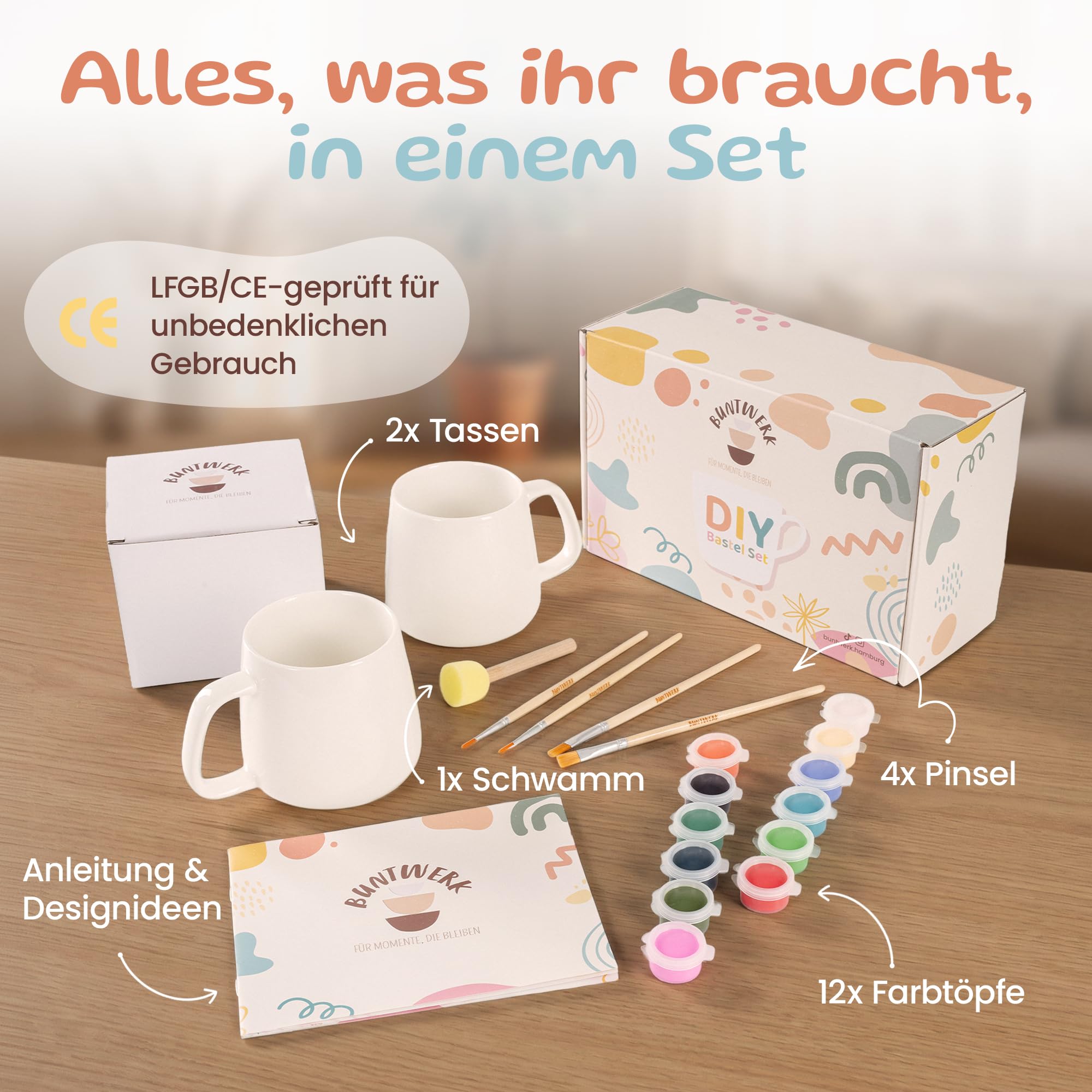 Generisch Keramik Bemalen Set – DIY Keramik Selbst Bemalen Set für Zuhause – Tassen Bemalen Set mit leuchtenden Farben & Keramikpinseln – Kreatives Ceramic Painting Set für Erwachsene & Kinder