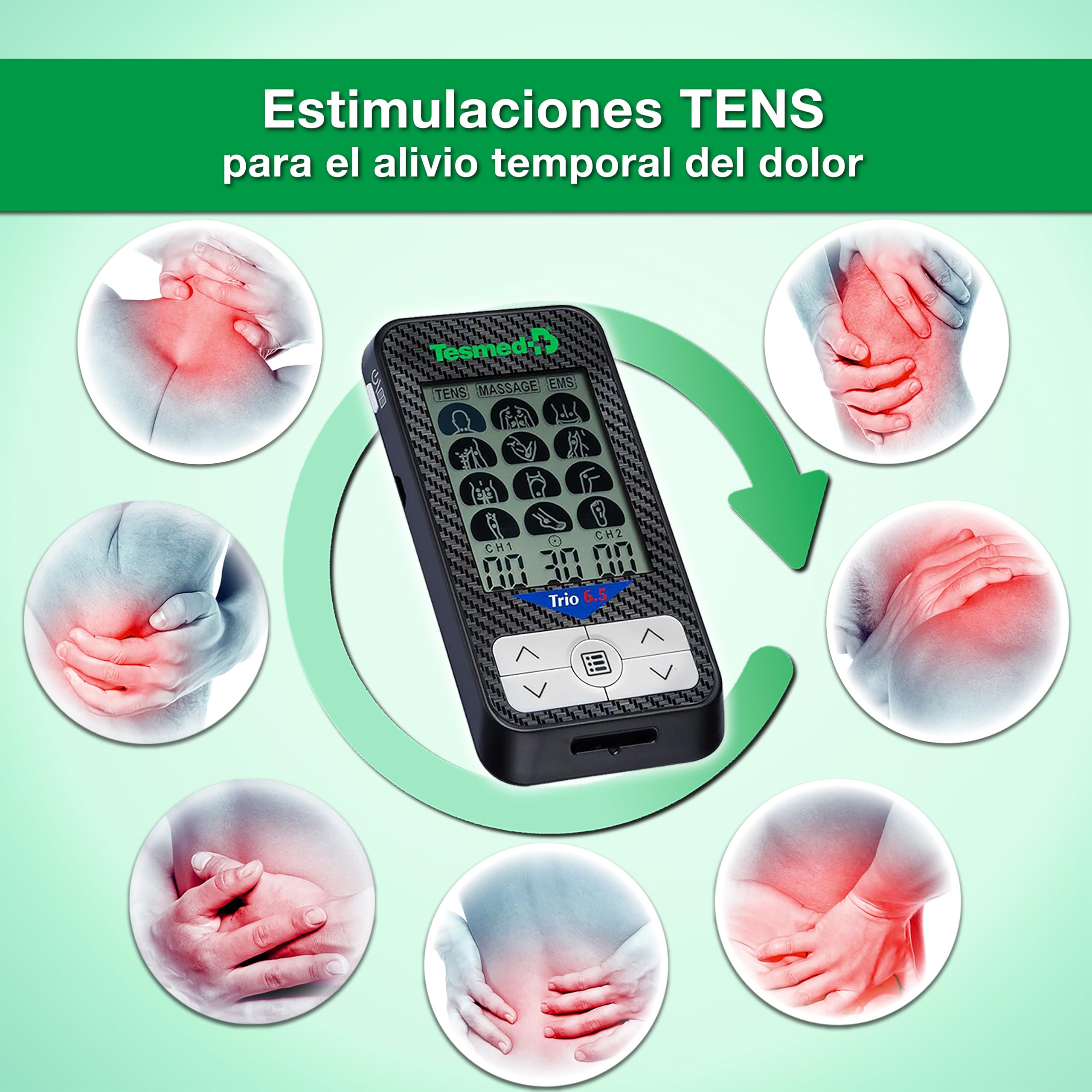 TESMED Trio 6.5: Electroestimulador Muscular Recargable - 36 Programas, 40 Niveles de Intensidad, EMS, TENS y Masaje - para aliviar el dolor muscular y fortalecer los músculo - 4 Electrodos 50x50 mm