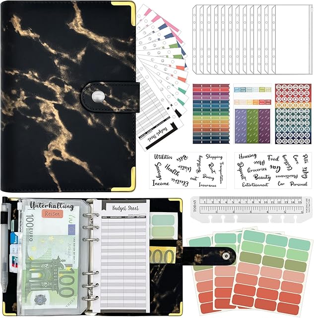 Budget Binder, A6 PU Leather Ring Binder Set, Cash Binder with Envelopes - 34PCS Money Saving Wallet for Budget Planner, Money Organiser Folder Wallet with Budget Sheets and Label Stickers