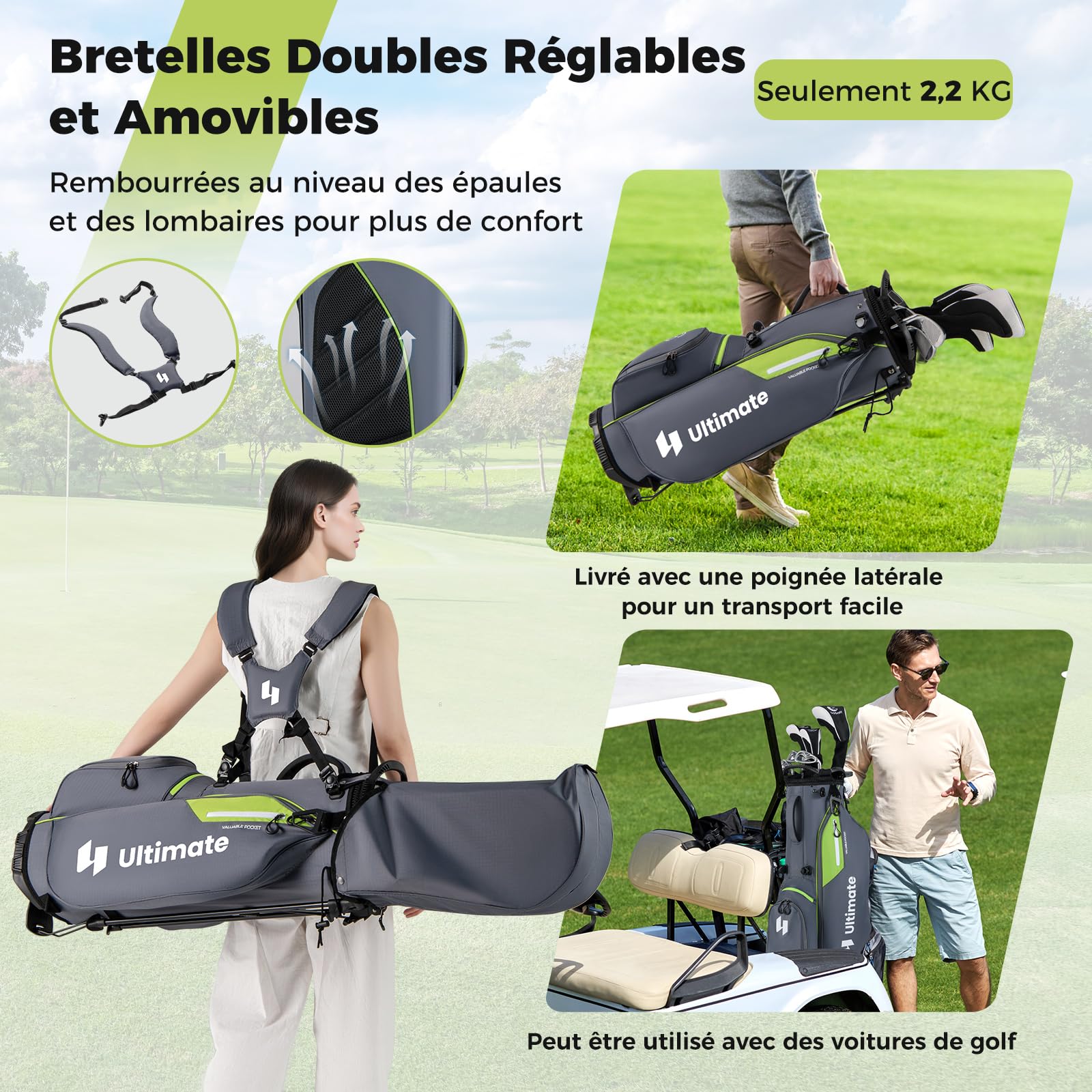 COSTWAY Sac de Golf Léger avec 8 Compartiments Supérieurs et 5 Poches Zippées, Sac de Club de Golf Portable avec Bandoulière Réglable Housse de Pluie et Porte-Parapluie pour Femmes/Hommes