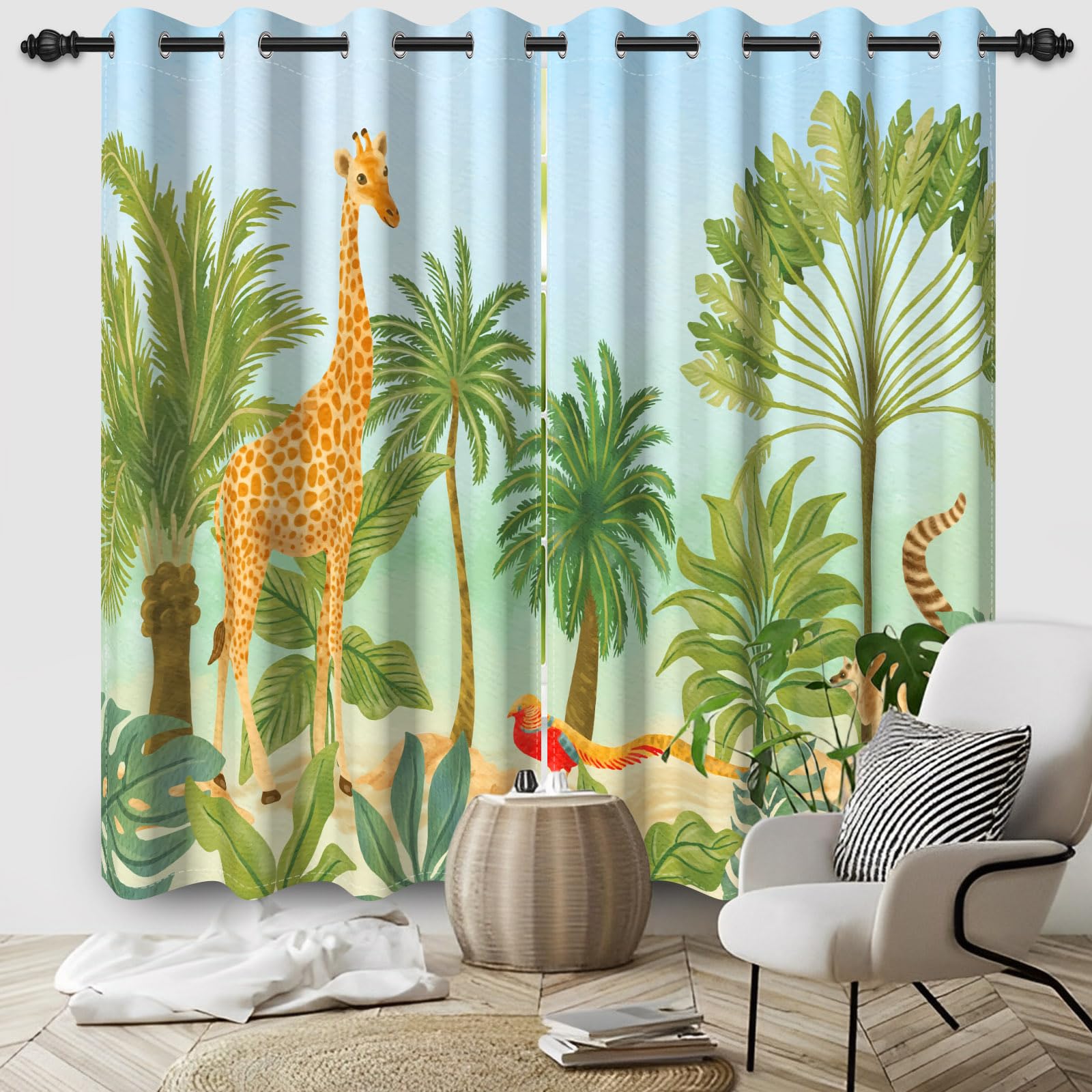 DASHAN Wild Animals Blackout Curtains for Kids Children Bedroom 63 inch Long 2 Panels Giraffe Jungle Forest Art Printed Window Curtains for Nursery Living Room Window Drapes 42Wx63L