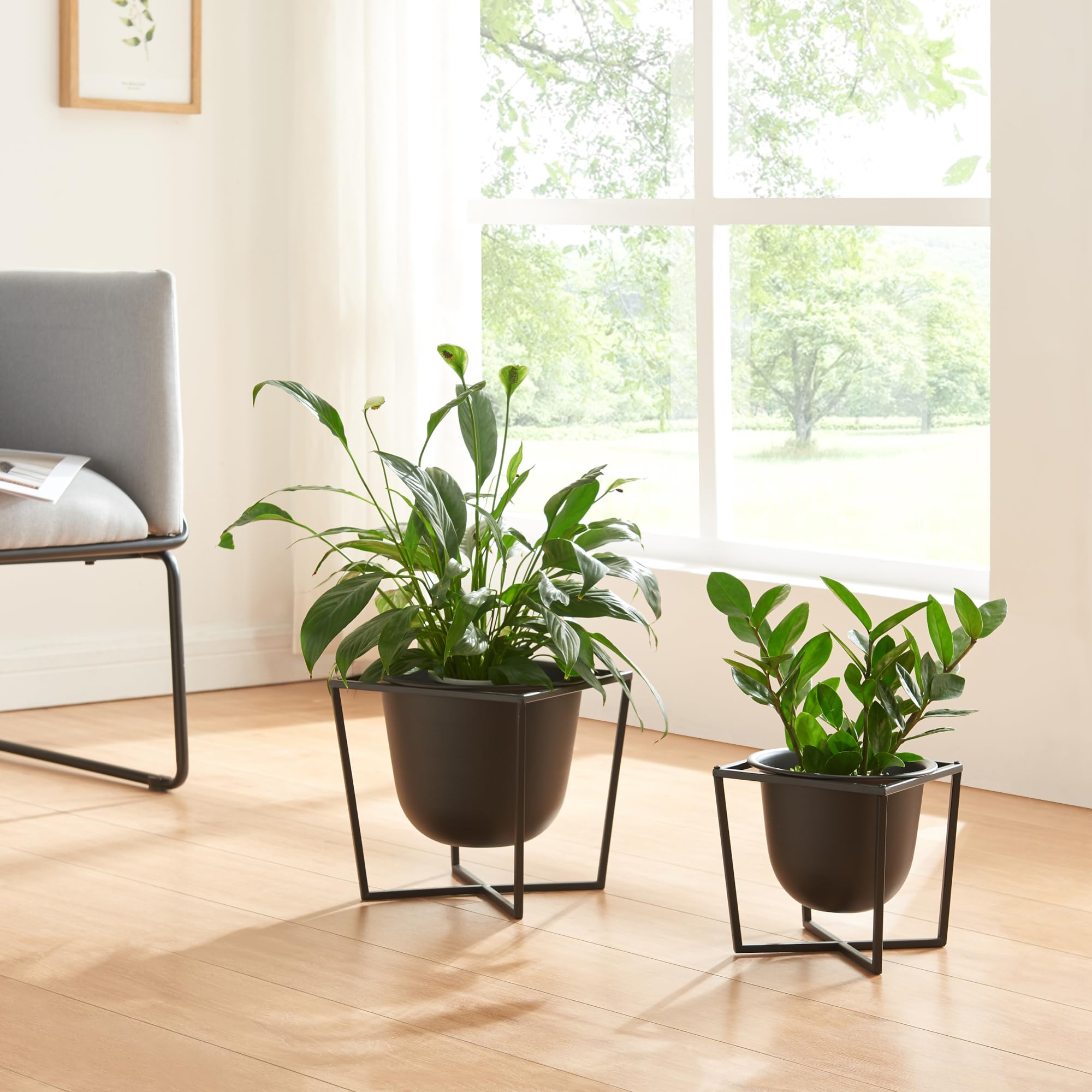 Tectake® Lot De 2 Supports Plantes Acier – Hauteurs 45,5 Et 56 Cm – Cache-Pots Amovibles 25 Cm