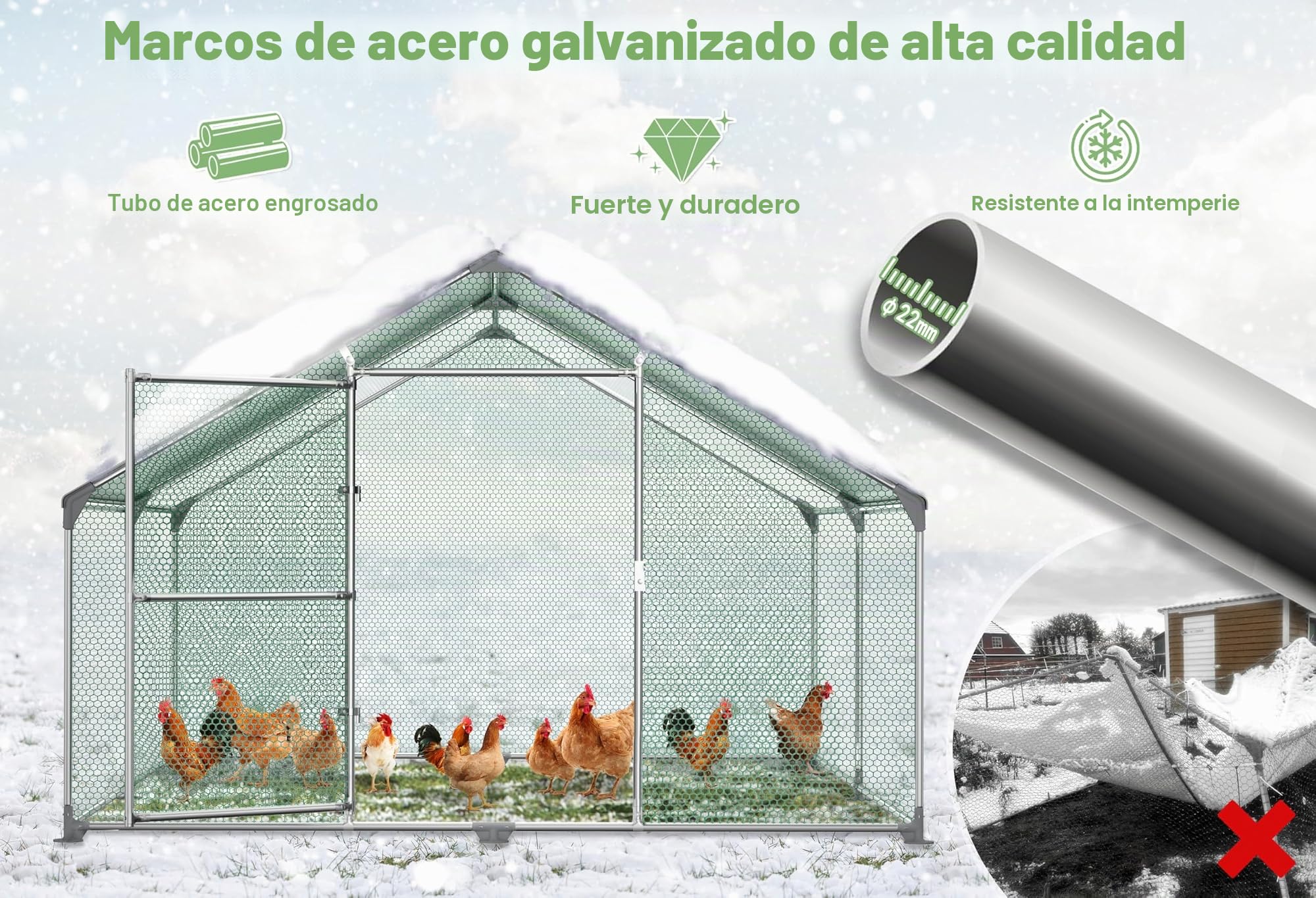 UISEBRT Gallinero de 3 x 2 x 2 m, cercado exterior, con techo de protección solar de polietileno, jaula para gallineros con cerradura, marco de acero galvanizado, jaula para mascotas