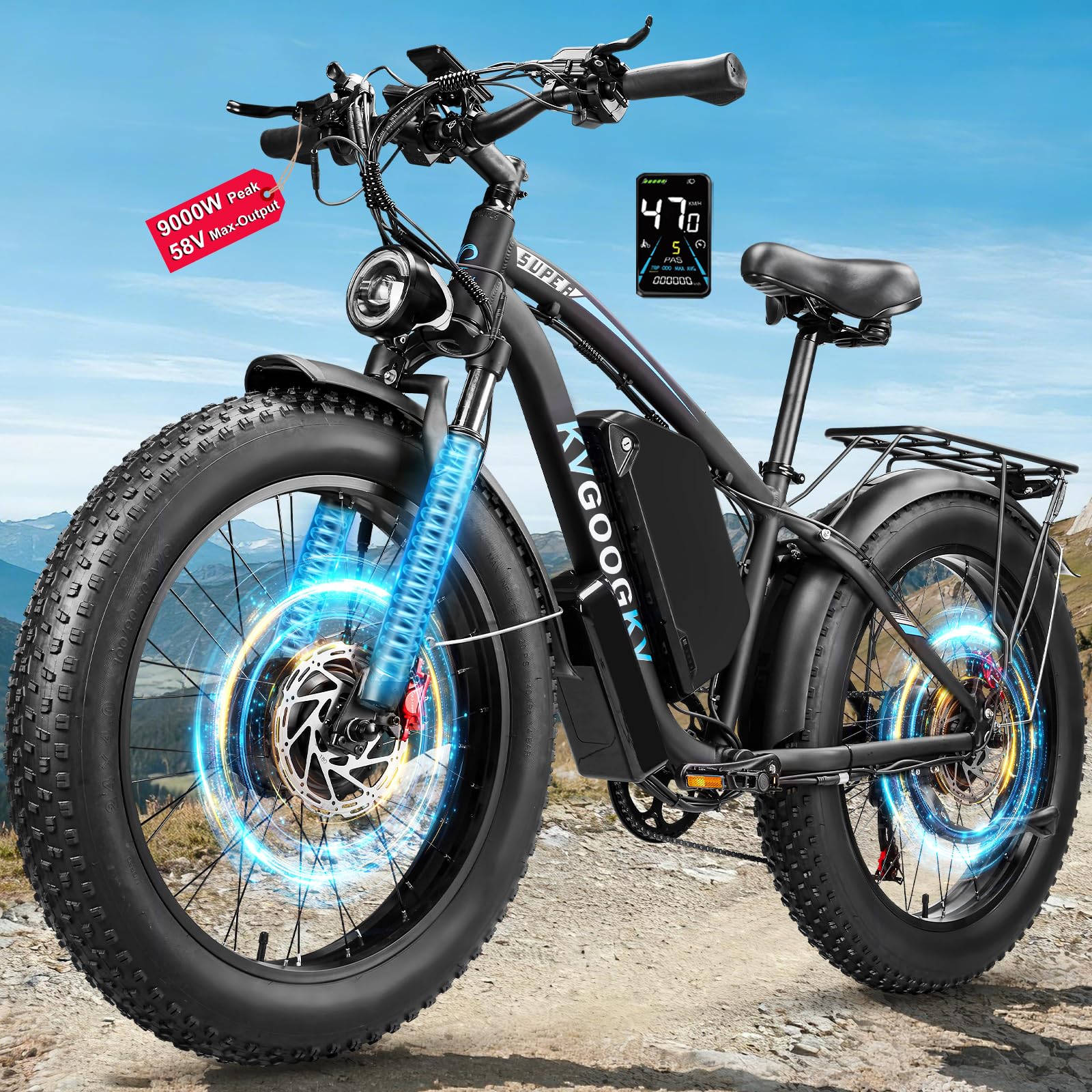 9000W Peak 58V Max-Output Ebike for Adults, Powerful 34Ah Battery Dual Motor Ebike, 47MPH Top Speed Fast E-Bike, Up to 105 Miles 24"x4.0 Fat Tires Electric Mountain Bicycle for Sand Beach Snow Black