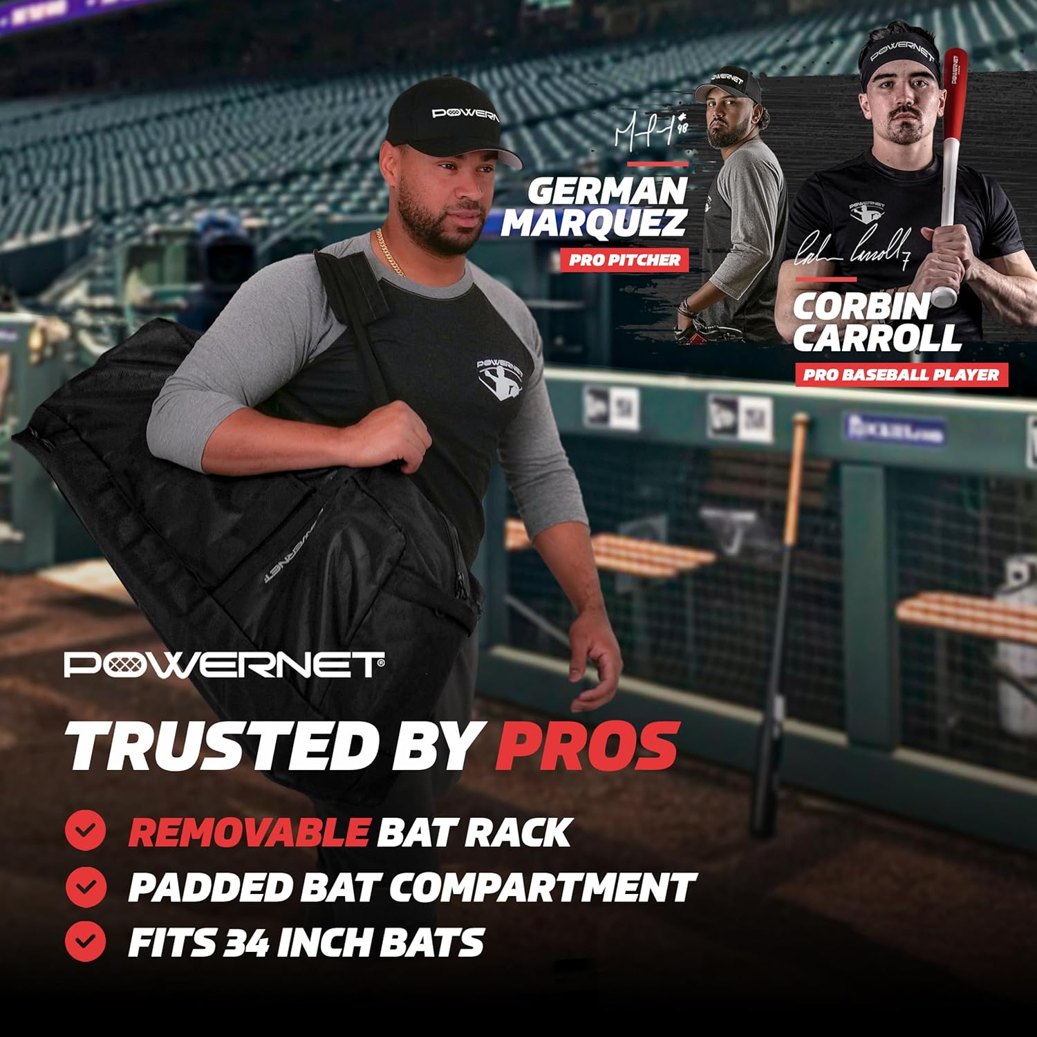 PowerNet Pro Duffle Bag, Softball Baseball Bag, Baseball Gear Bag, Baseball Bat Bag with Internal Bat Sleeves, Baseball Bags with Padded Strap & Pockets