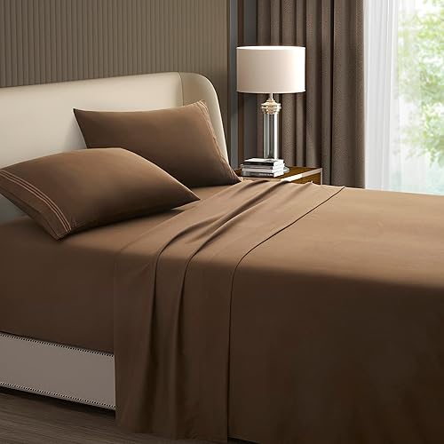 Miniatura 8 de DengChao Juego de sábanas de 4 piezas con bolsillo extra profundo de 1800 hilos, microfibra cepillada suave, color marrón, para colchones de 18 a 24