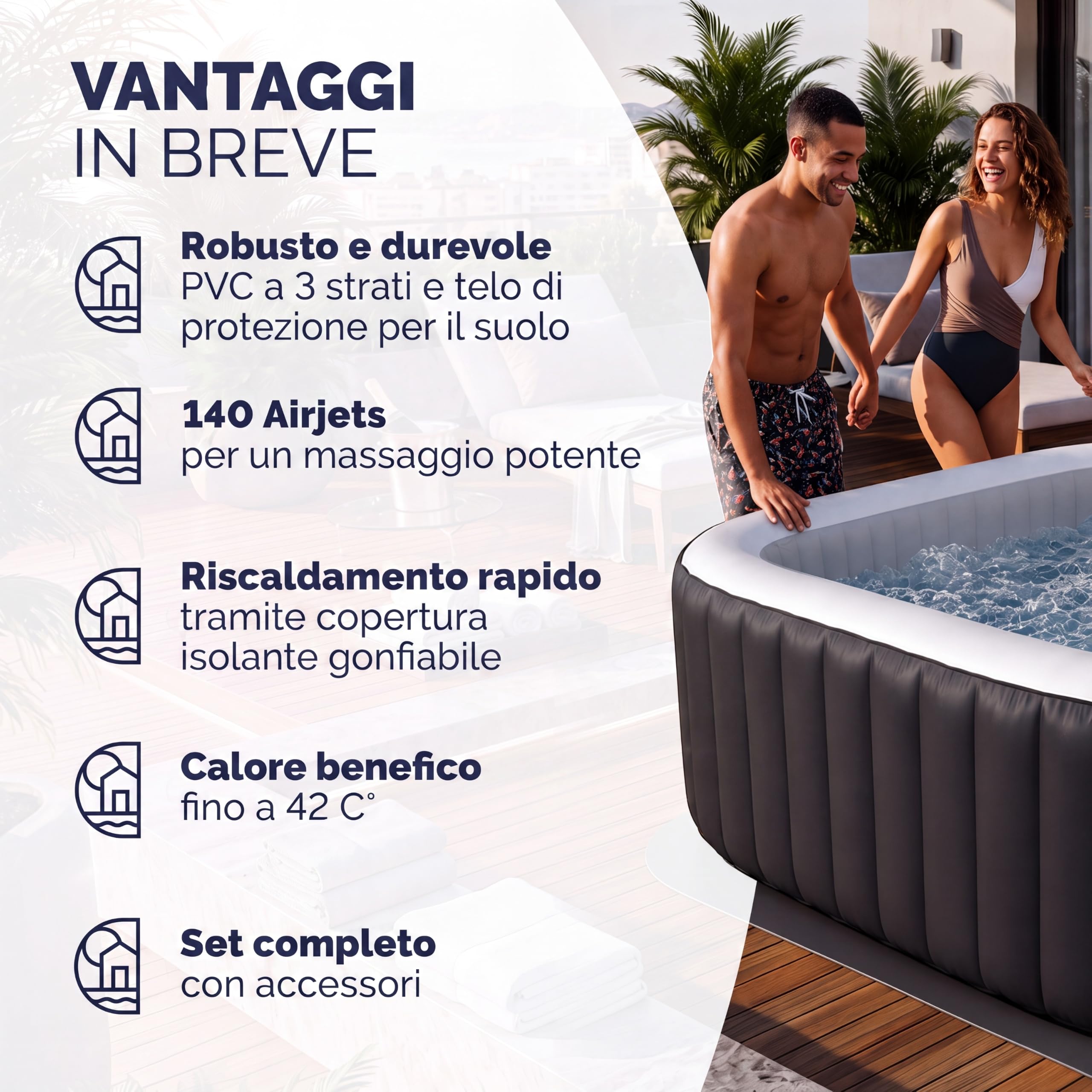 Casaria Piscina Idromassaggio Gonfiabile Quadrata 178 x 178 cm 6 Persone Vasca Spa Esterna Interna 140 Getti Protezione Antigelo con Filtro Accessori
