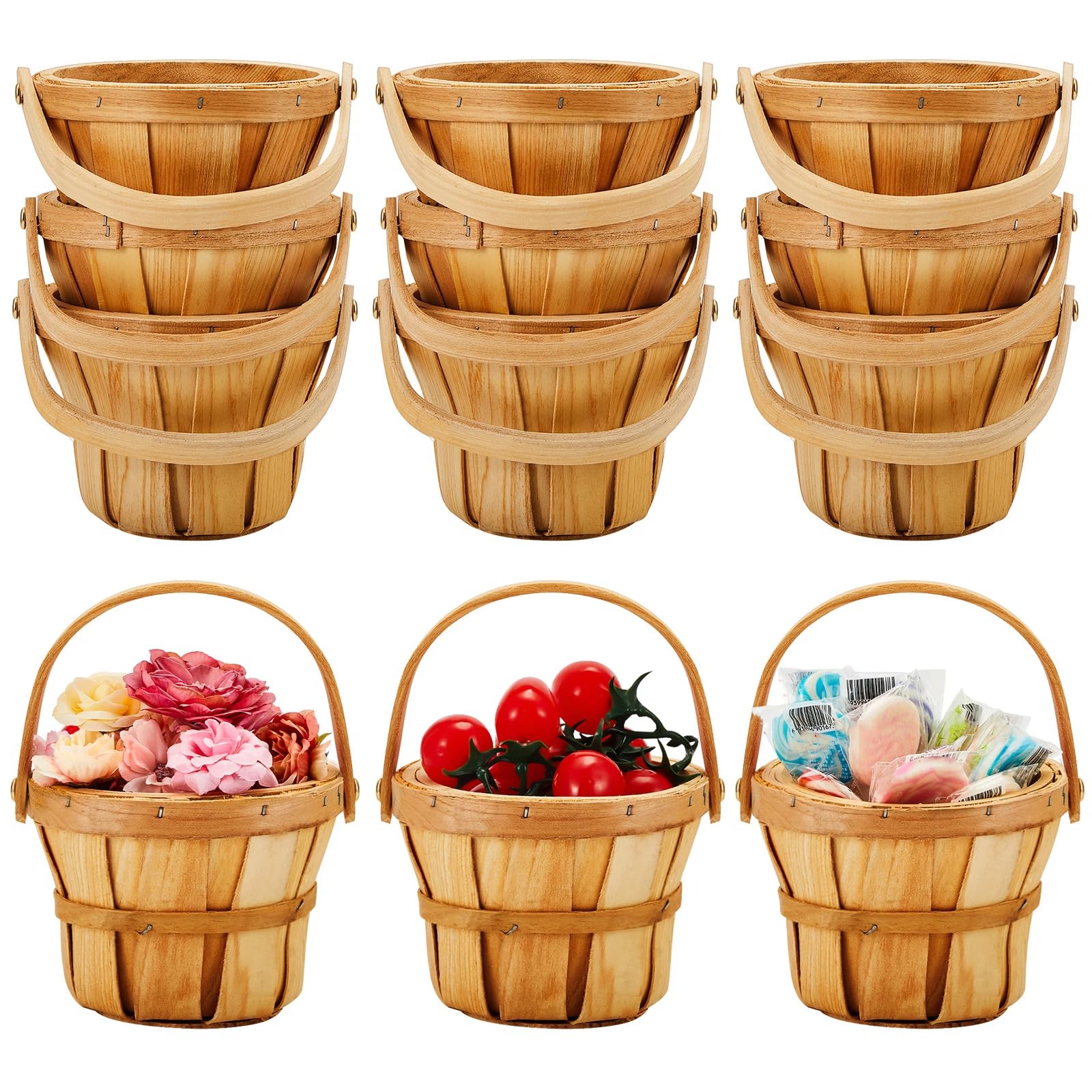 Marsui 10 Pcs Small Wooden Berry Baskets, 4 x 5.1 Inch Small Fruit Baskets with Reinforced Handles, Thick Wood Chip Design for Farmers Market, Gift, Garden Picking & Crafts (Brown)