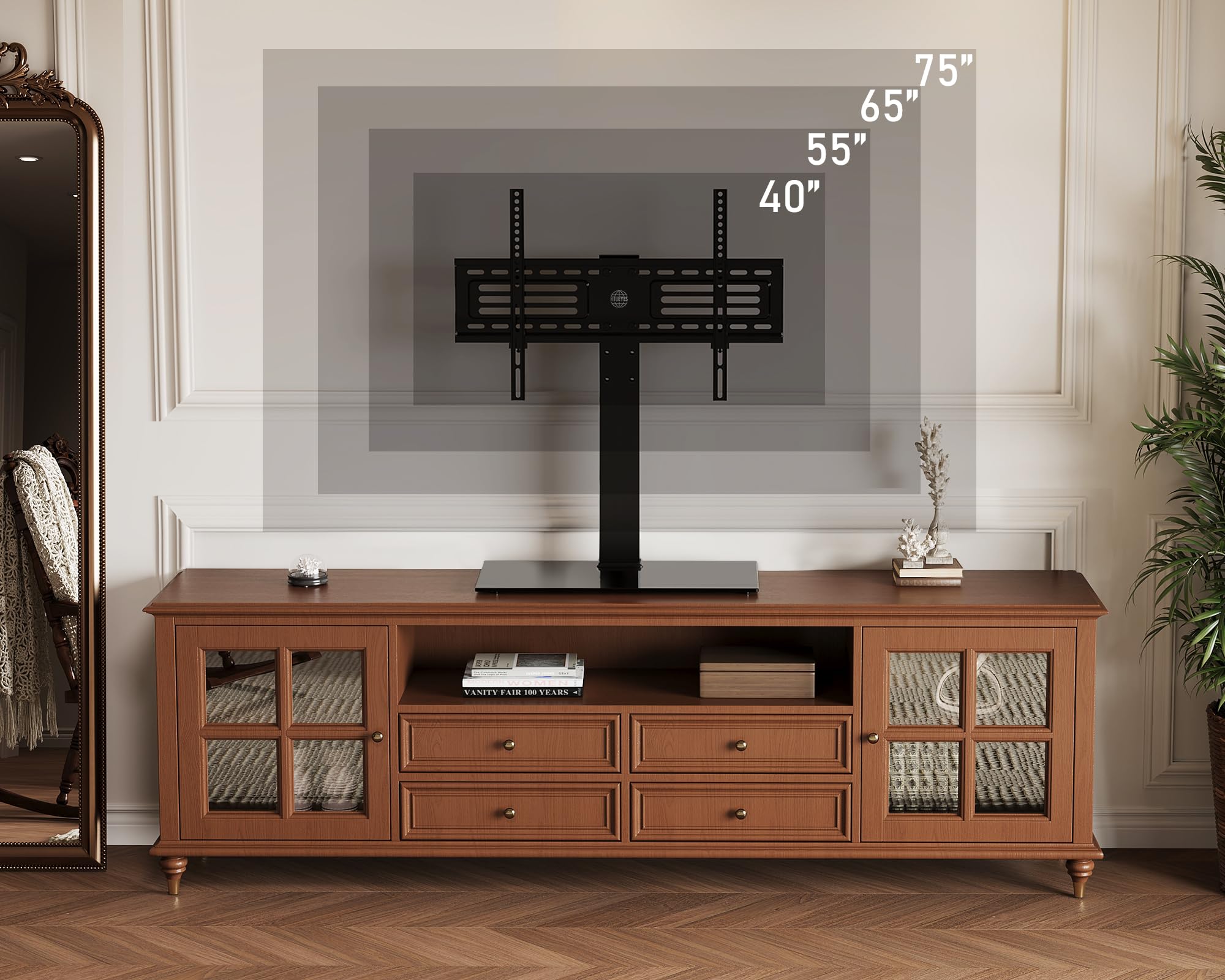 FITUEYES Soporte TV Mesa para Pantallas de 40 a 75 Pulgadas hasta 40kg,Soporte TV Pie de Mesa con Función de Altura Ajustable,Soporte TV de Pie Negro con Base de Cristal,MAX VESA 600x400mm