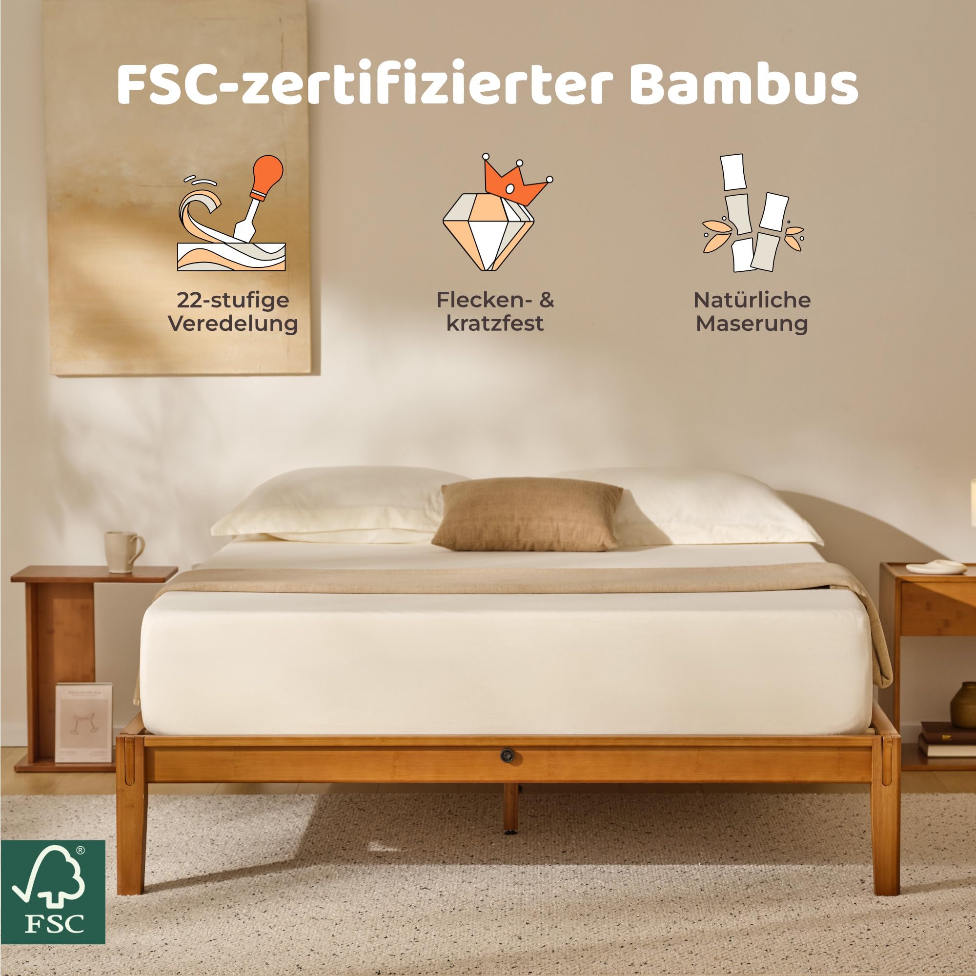 RECCI Bettgestell 140x200 aus massivem Bambus, Massivholzbett mit Steckverbindung, Modernes minimalistisches Bett, Geräuschlos, Werkzeuglose Montage, Bambus Natur