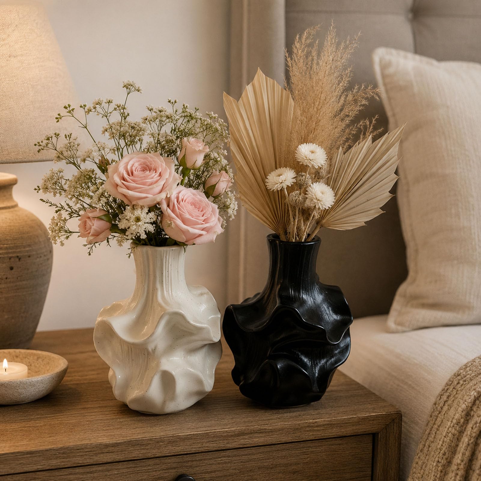 Moderne Kunstharz Vase für Pampasgras Trockenblumen und Wohndeko | Wohnzimmer Schlafzimmer Büro Esstisch Regal Kaminsims Tischdeko Zweige Kunstblumen Dekoobjekt Minimalistisch Skulptural