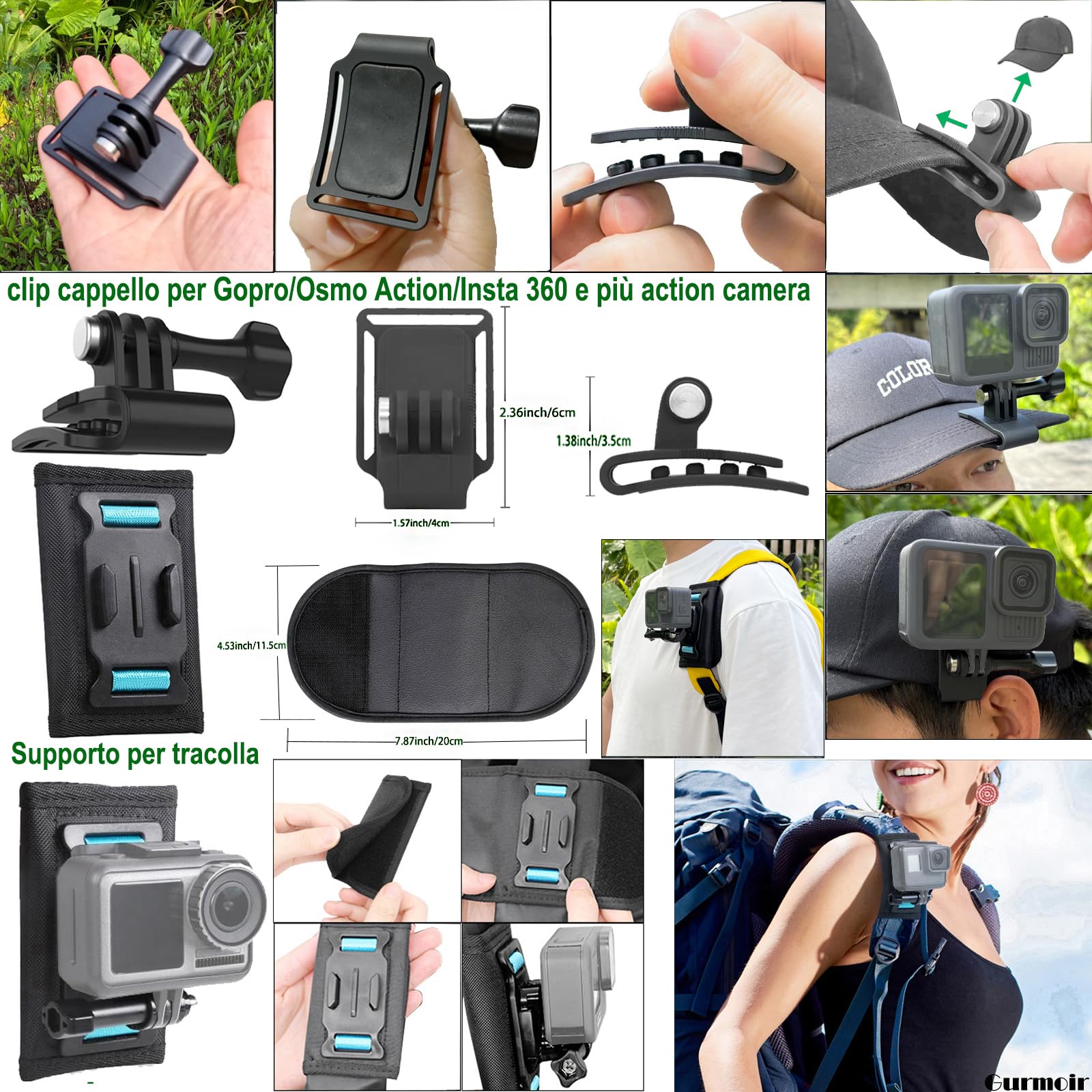 Kit di accessori per Gopro 13/12/11/Max 2/DJI Osmo Action 6/5 pro/4/Insta 360 X5/X4 e più fotocamera d'azione, Supporto bici per manubrio/Supporto per casco Kit per Gopro/Insta 360 (DT18)