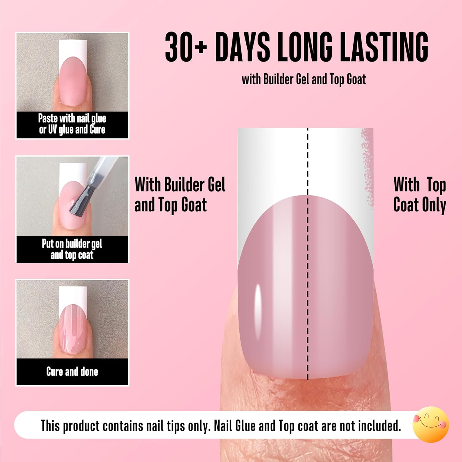 NOVO OVO Medium Sharp Square White French Tip Nail Tips Press on BERRY PINK, Extra Thick NEED Builder Glue Gel & Top Coat, Soft Gel Full Cover False Fake Nail Extension for Salon DIY x 15 Sizes 180 pc