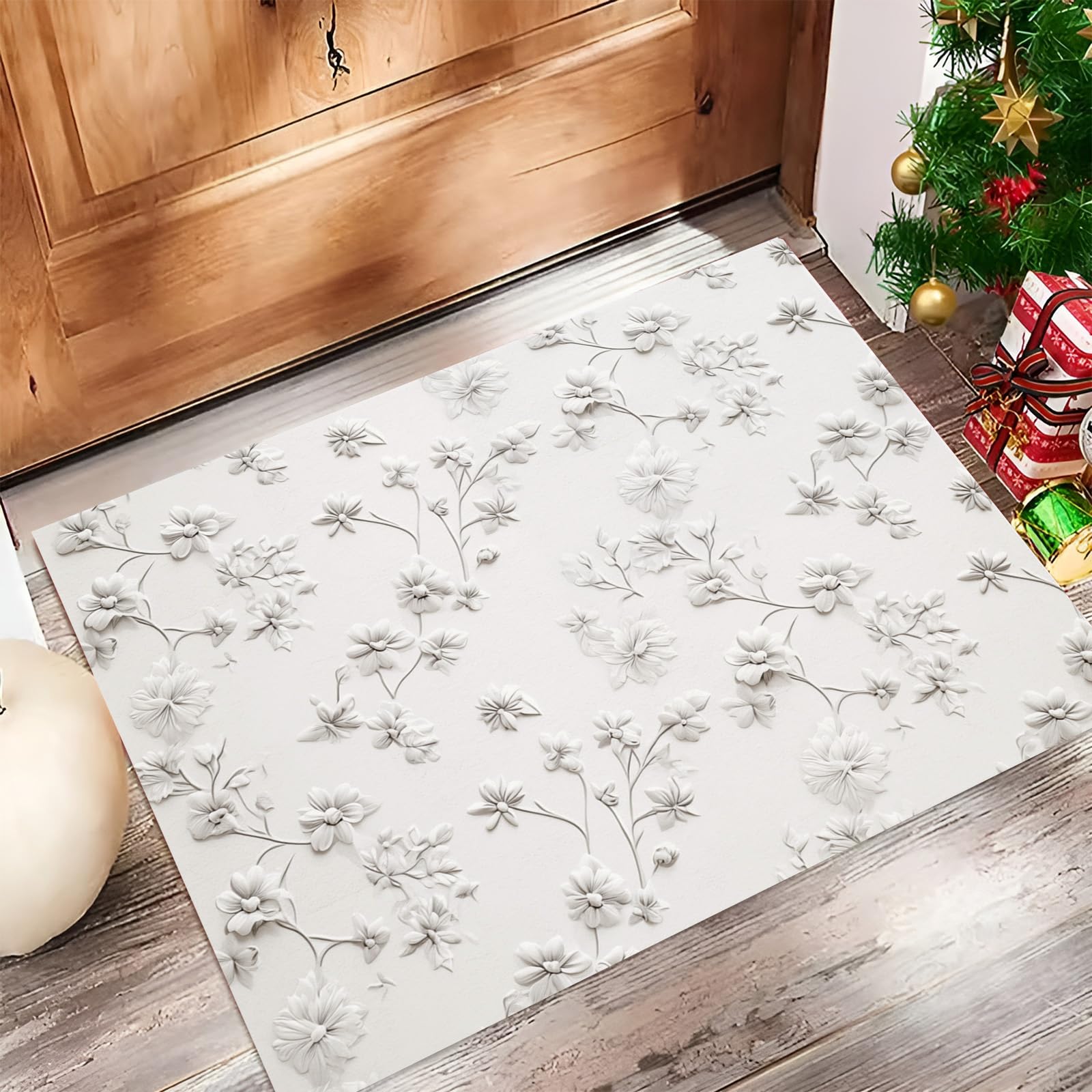 Paillasson Intérieur 60x90cm Fleurs Beige Gris Tapis d'Entrée Absorbant