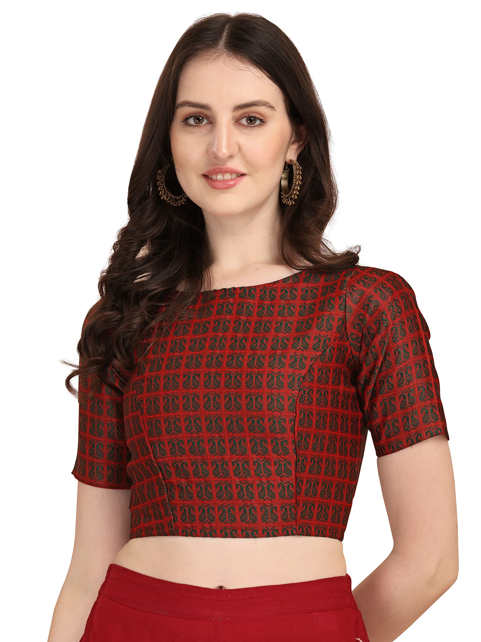 Oomph! Women's Indian Ethnic Wear Designer Zari Work Boat Neck Half Sleeve Forest Green Color Blouse For Saree Or Lehnga And Palazzos Or Skirts For A Fusion Twist.