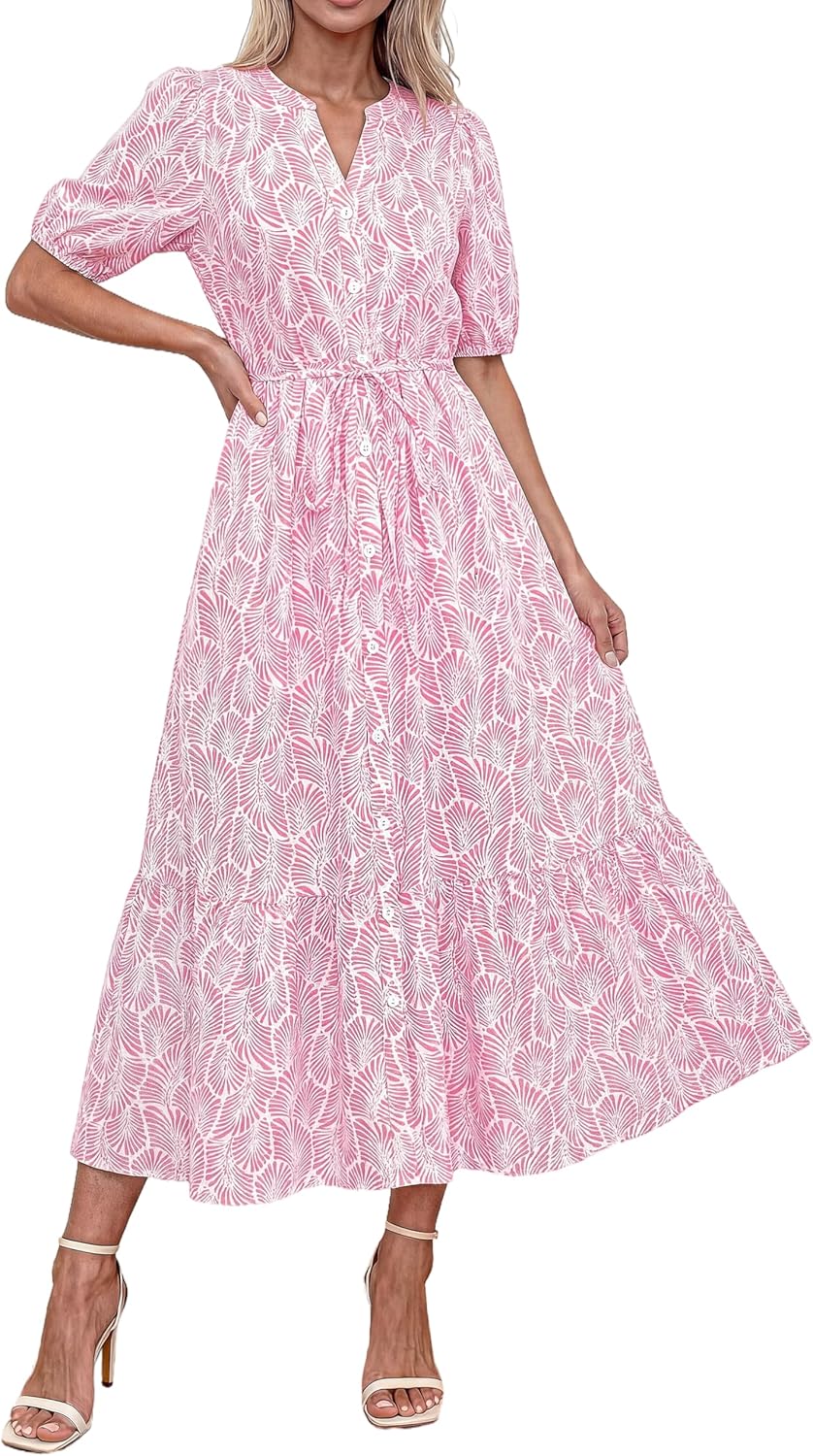 Okiwam Summer Dresses for Women 2026 Casual V Neck Short Sleeve Boho Floral Midi Dress Button Down Beach Vacation Sundress