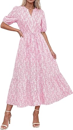 Okiwam Summer Dresses for Women 2026 Casual V Neck Short Sleeve Boho Floral Midi Dress Button Down Beach Vacation Sundress