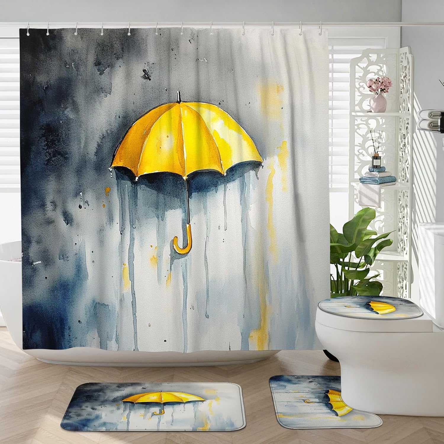 4PCS Umbrellas Theme Shower Curtain Sets with Non-Slip Rug, U Shape and Toilet Lid Cover Mat, Novelty Modern Watercolor Home Decor, Bathroom Accessory with 12 Hooks