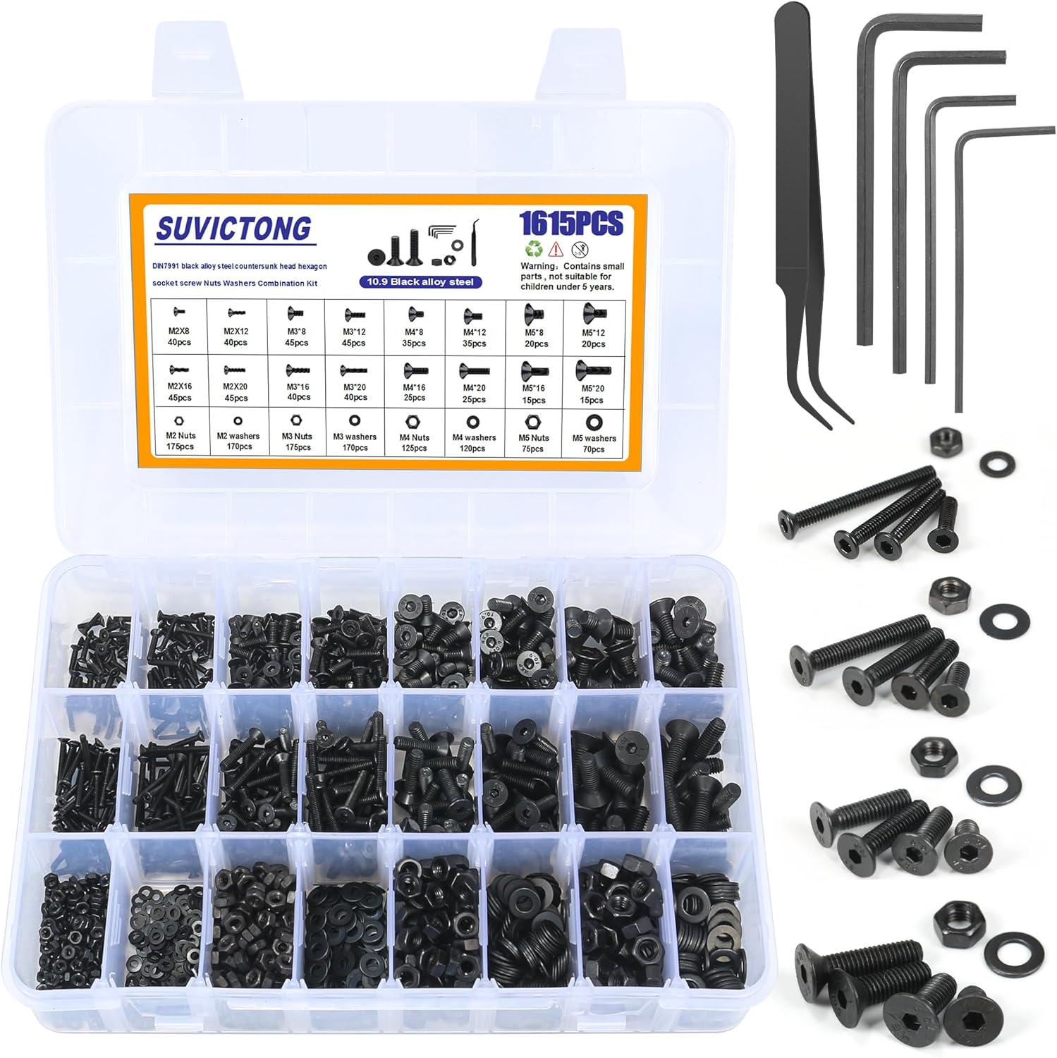 1615PCS Metric M2 M3 M4 M5 Hex Socket Flat Head Screws Countersunk Bolts Assortment Kit with Nuts/Washers,10.9Grade Alloy Steel Thread Hexagon Allen Machine Bolt with 4 Hex Wrenches