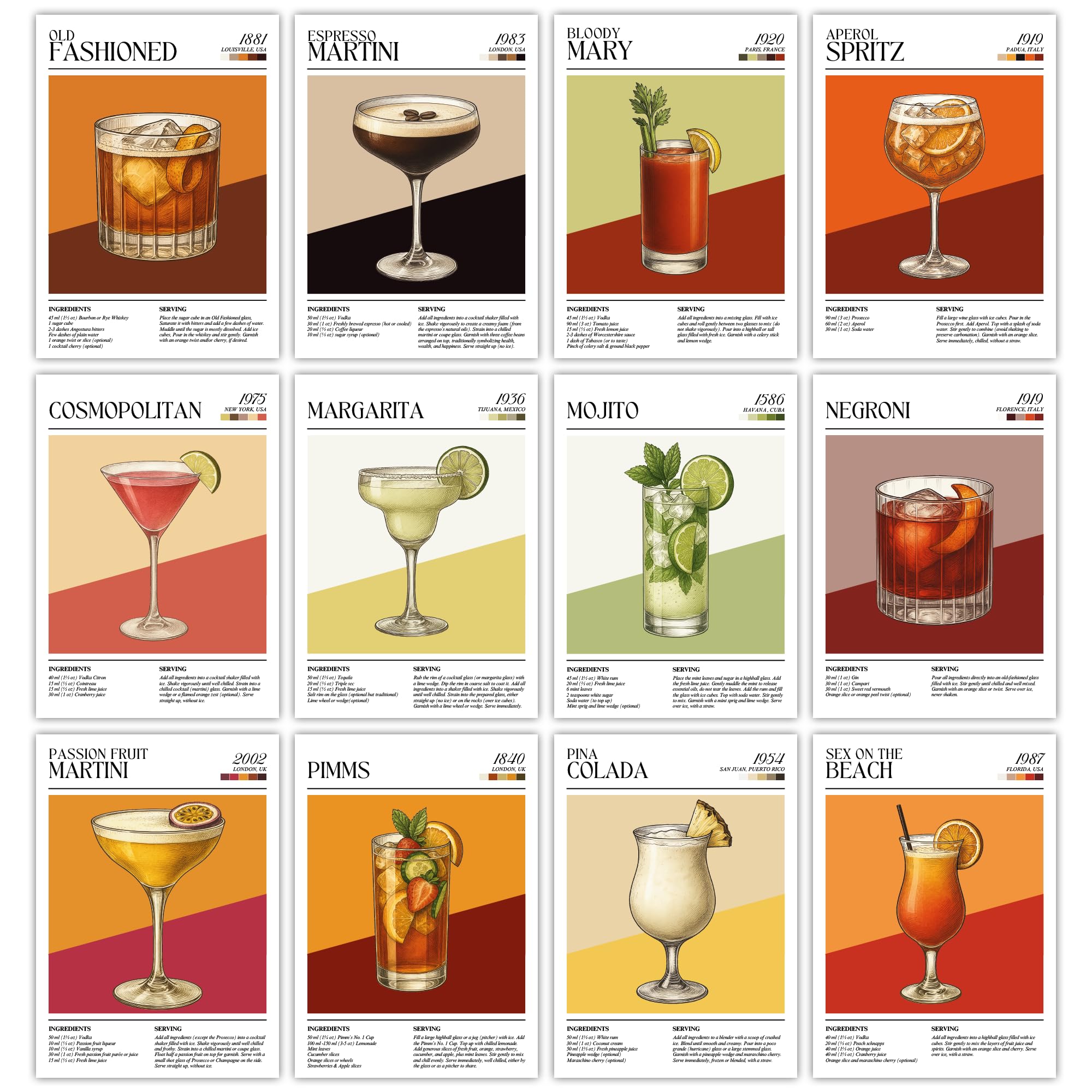 A&M Natural Living Multi Cocktail Prints Set Of 12, A5 Size Wall Art Pictures Including Aperol Spritz, Margarita, Mojito For Living Room, Kitchen And Bar, Frames Not Included, The Perfect Cocktail Gift