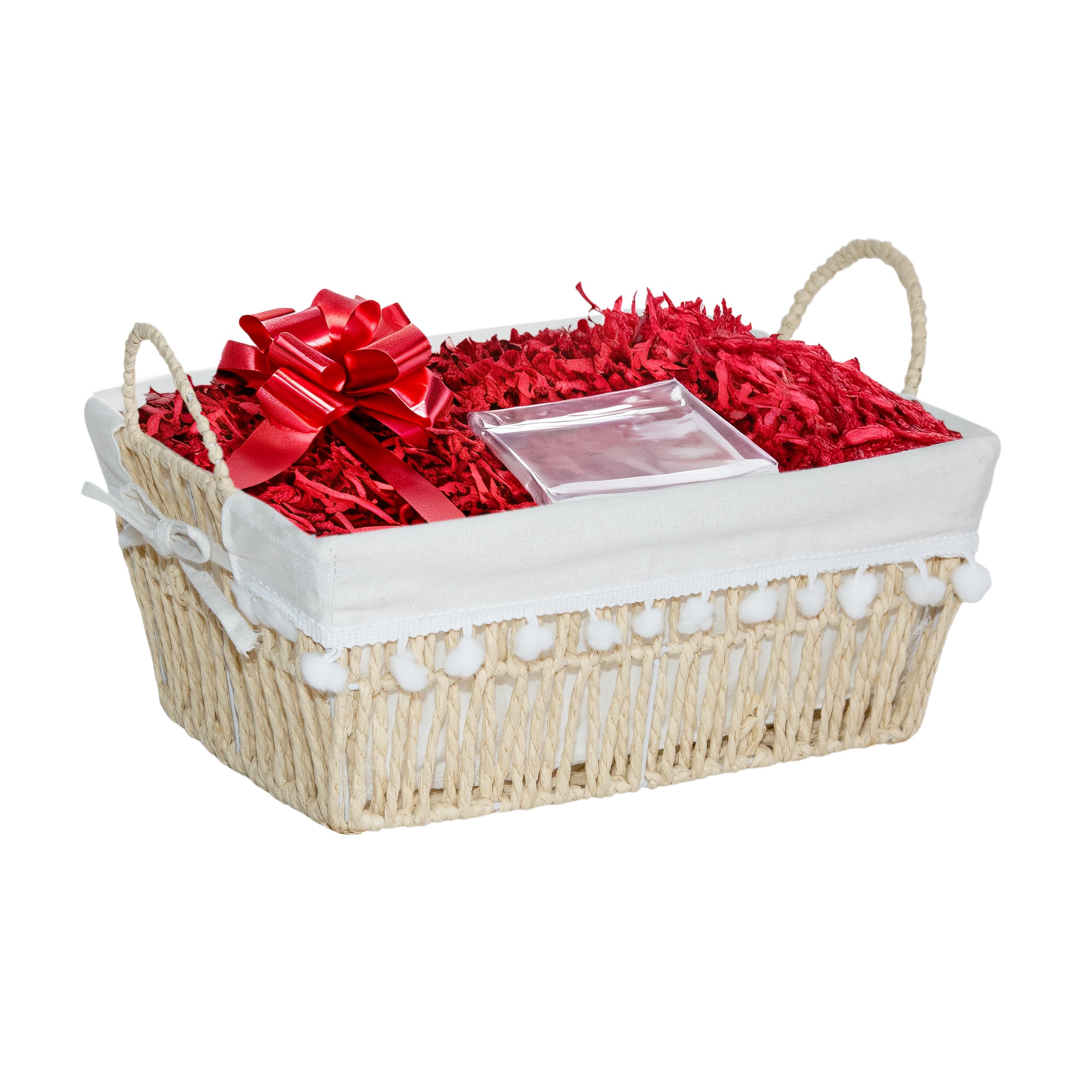 Wickerfield Paper Rope Basket, Red Filling Gift Hamper Basket Kit With Shredded Paper, Make Your Own Gift Hamper, Woven Wicker Basket With Lining, Paper Rope And Seagrass Baskets With Handle (Paper Rope Basket, Red Filling)