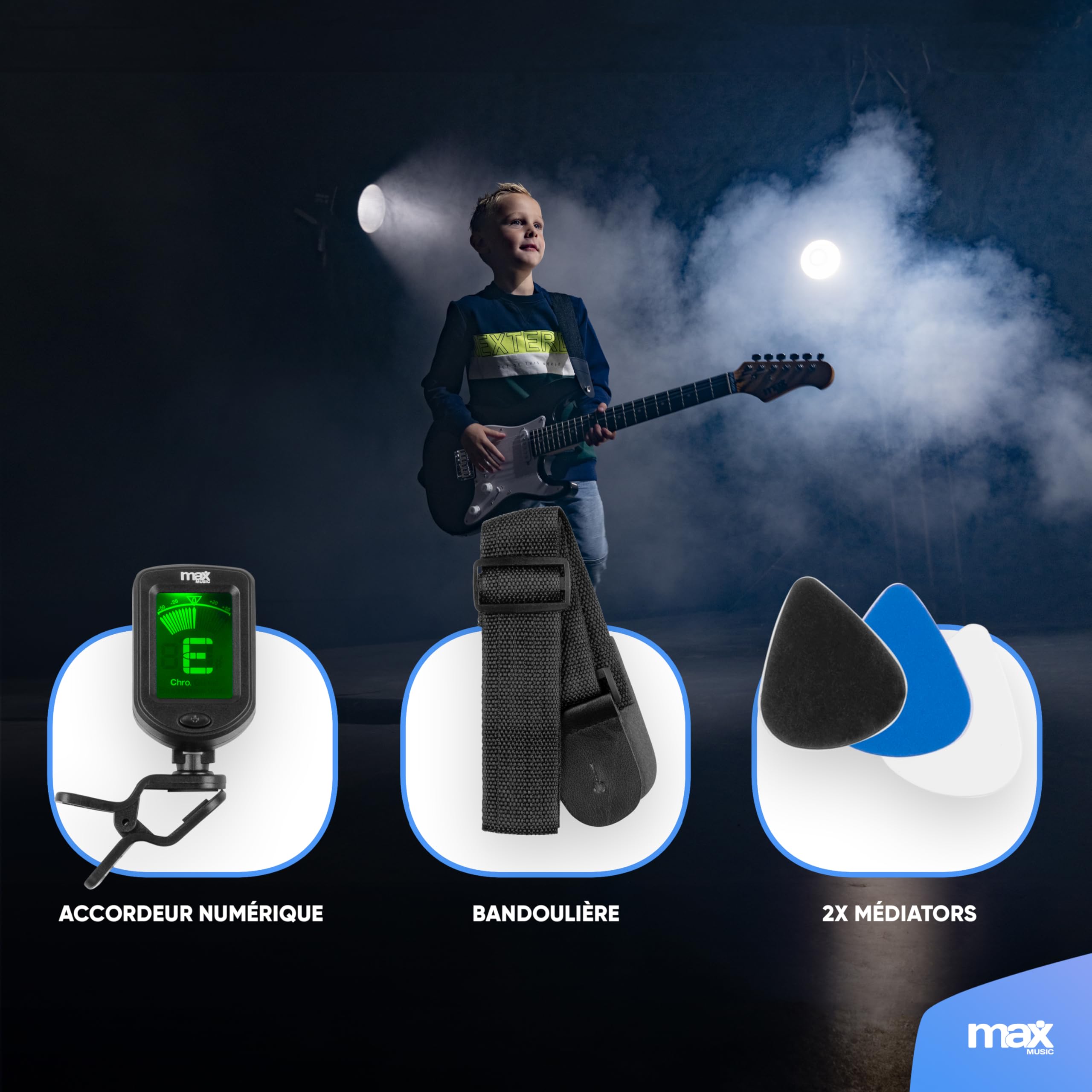 MAX GigKit Junior Guitare Électrique Enfant 1/4 Rose avec Ampli 10W, Housse, Accessoires et Lunettes de Star, Kit Complet Débutant Garçon ou Fille (5 à 7 Ans), Idéale pour Apprendre et s’Amuser