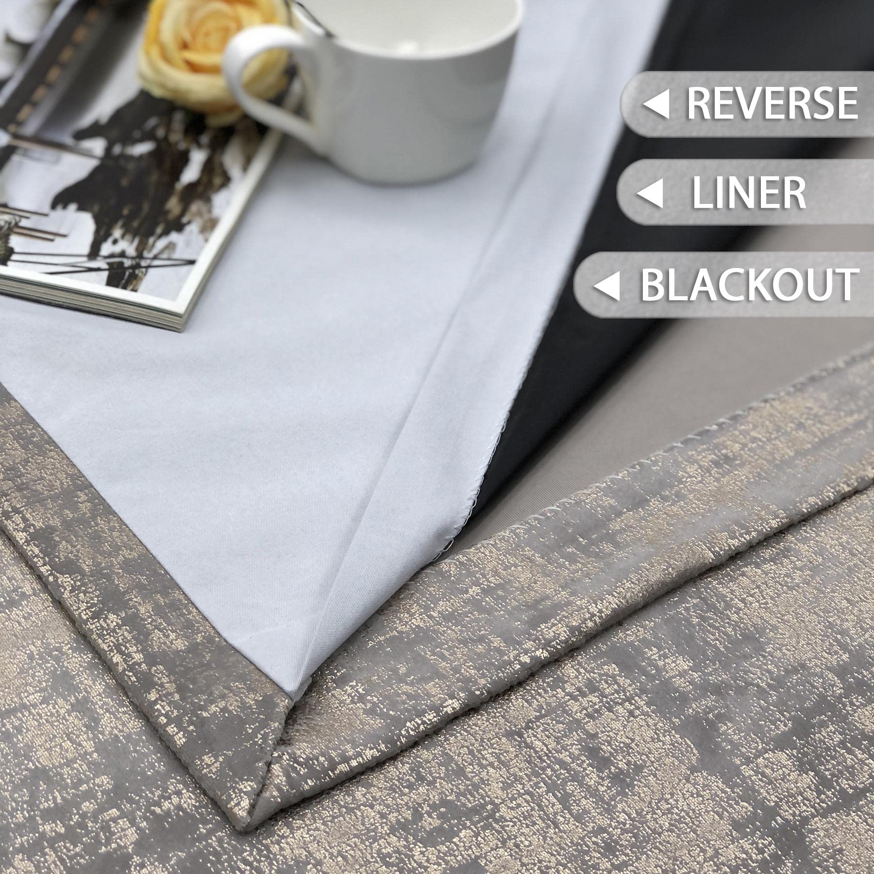 always4u Lot de 2 Rideaux 100% occultants en Velours Doux pour Chambre à Coucher et Salon, Panneaux à imprimé en Feuille dorée, économie d'énergie, 241,3 cm de Long, Champagne