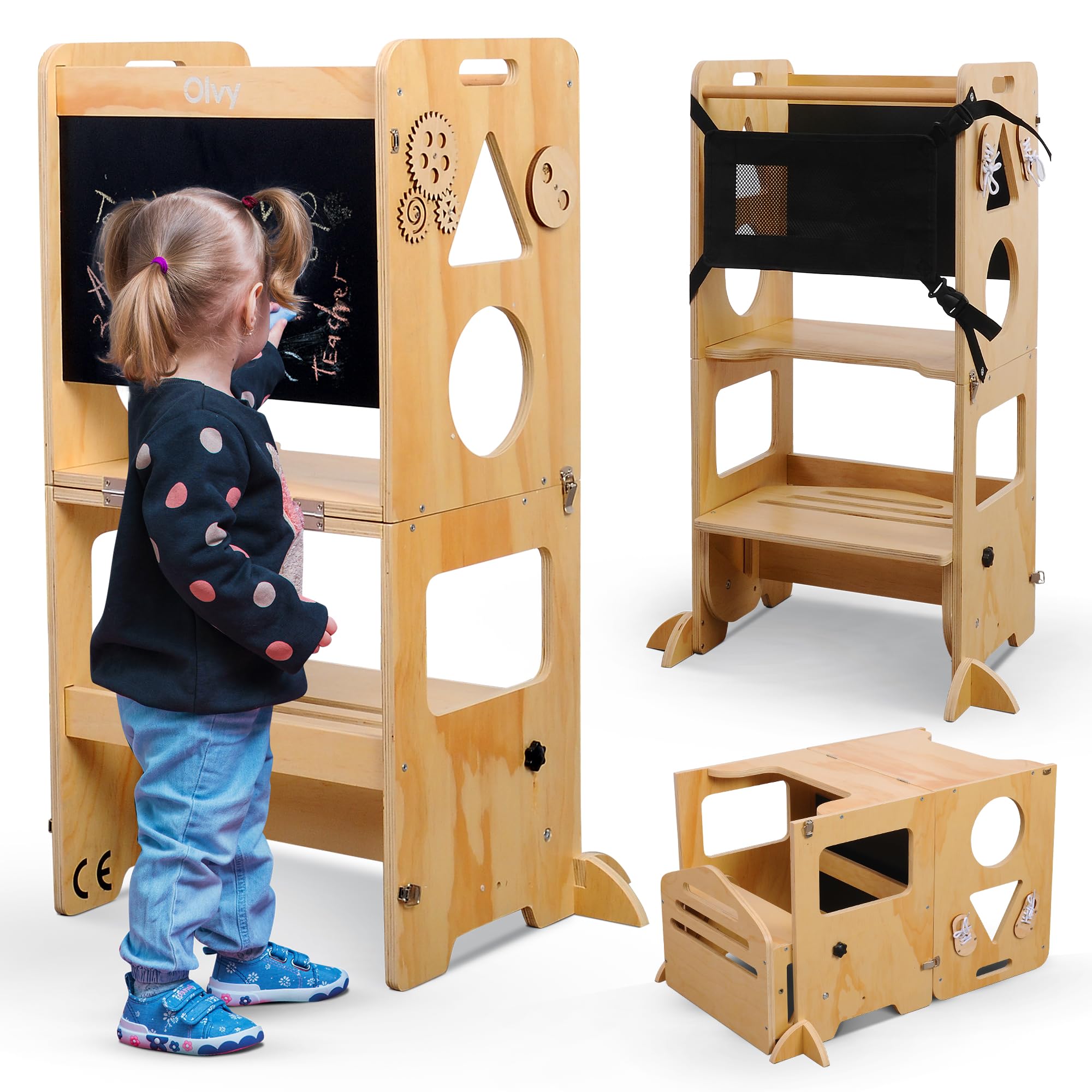 Olvy Kids 3-en-1 Tour d'apprentissage Montessori – Tabouret en Bois Pliable – Marchepied Enfant 3 Marches – Tour d’Observation Sécurisée – Escabeau Montessori dès 1 an