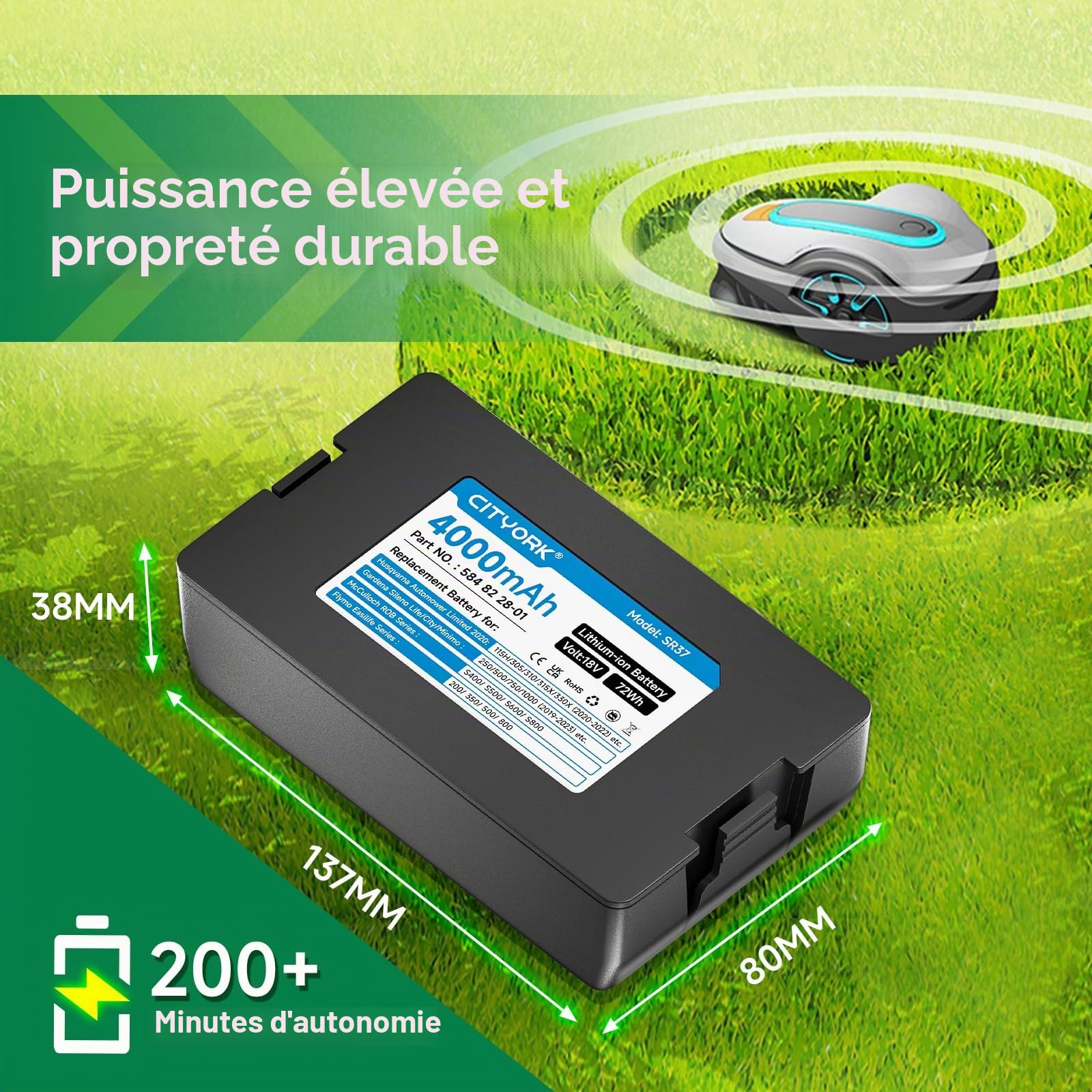 CITYORK 18V/4000mAh Tondeuse Batterie pour Husqvarna Automower Limited 2020-2022: 115H 305 310 315 315X, pour Gardena Sileno Minimo 250/500, pour Gardena Sileno City/Life:1250/1000/750/600 (2019-2023)