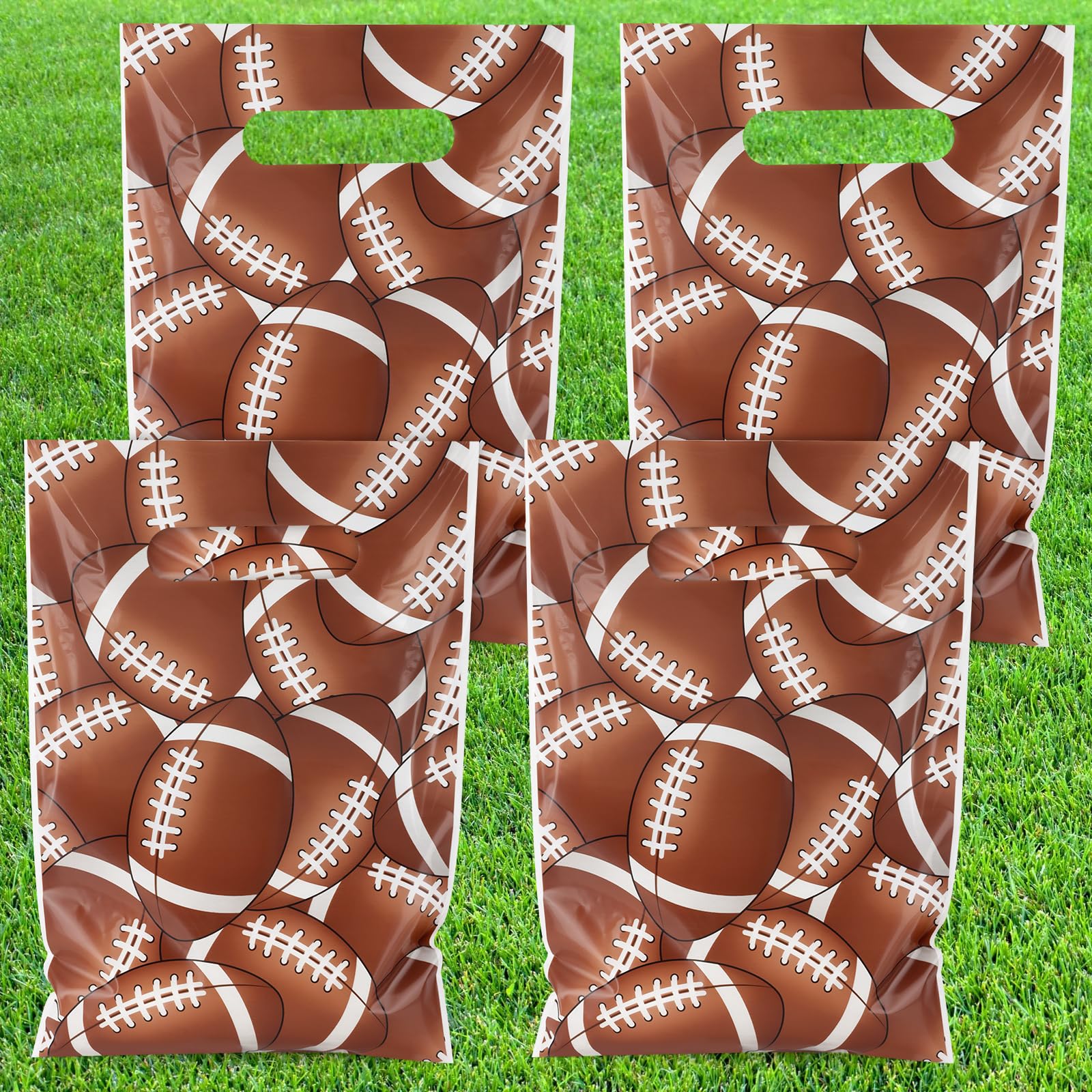 Hxezoc 50 Pieces Football Gift Bags with Handle, Plastic Treat Candy Bag Sport Favor Bags with Football Pile For Kids Birthday Party Decoration Supplies