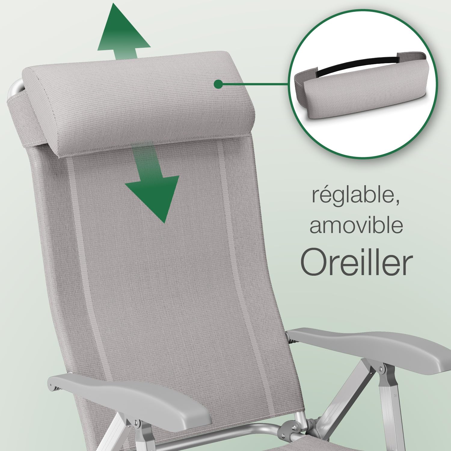 ELONEO Chaise de Camping Pliante avec Repose-Pieds Amovible - Chaise Longue Pliante Confortable en Aluminium avec Dossier Réglable pour Jardin et Balcon Taupe